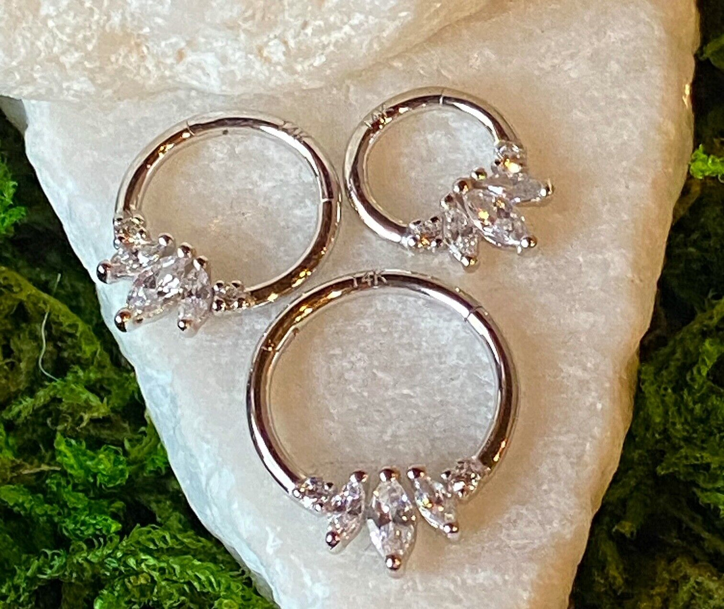 1pc Solid 14kt Gold Three Marquise Gems Hinged Segment Ring Helix Cartilage Clicker