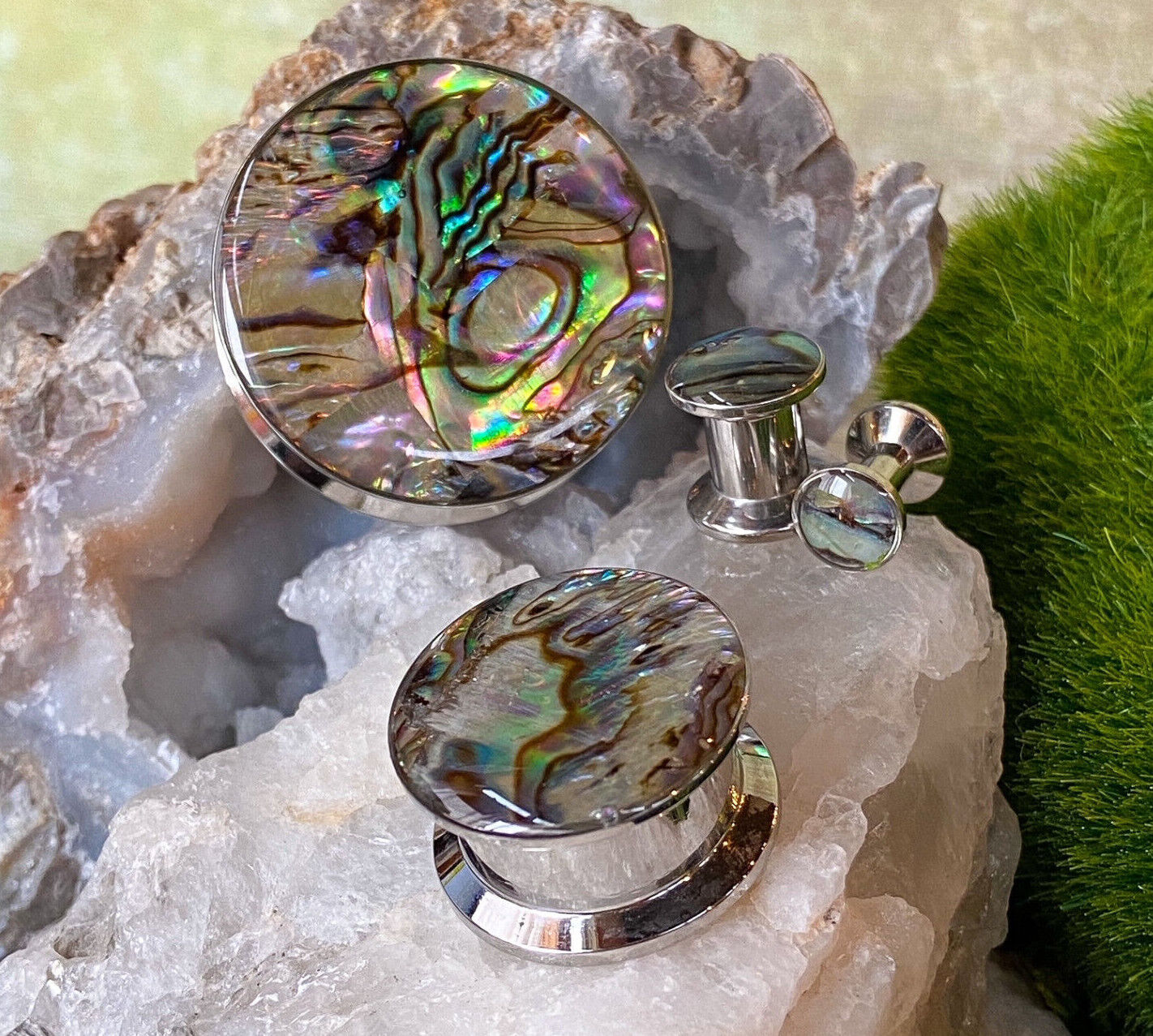 PAIR of Unique Abalone Inlay Steel Screw Fit Plugs - Gauges 8g (3.2mm) thru 1" (25mm) available!