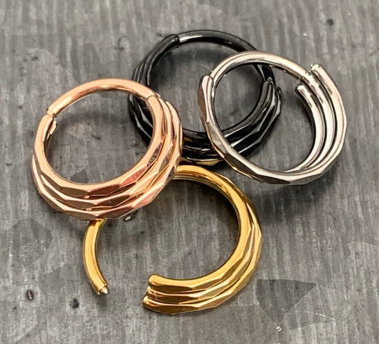 1 Piece Titanium Triple Line Faceted Hinged Segment Hoop Ring - 16g - 8mm or 10mm Internal Diameter - Gold, Rose Gold, Black or Silver