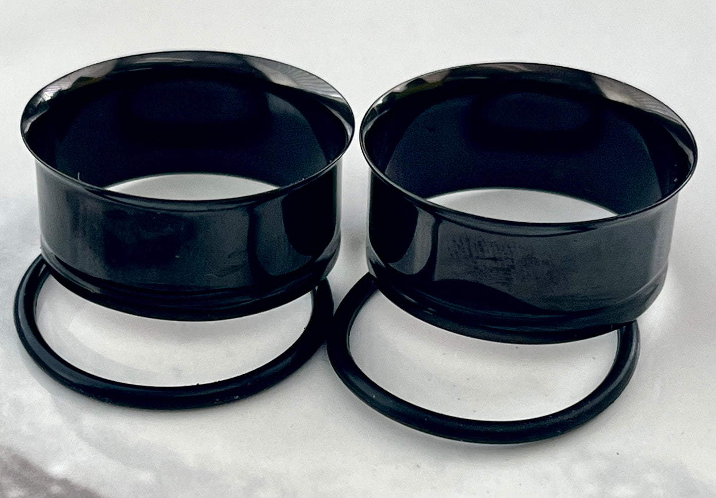 PAIR of Unique Black PVD Plated 316L Surgical Steel Single Flare Tunnels/Plugs with O-Rings - Gauges 10g (2.6mm) thru 1" (25mm) available!