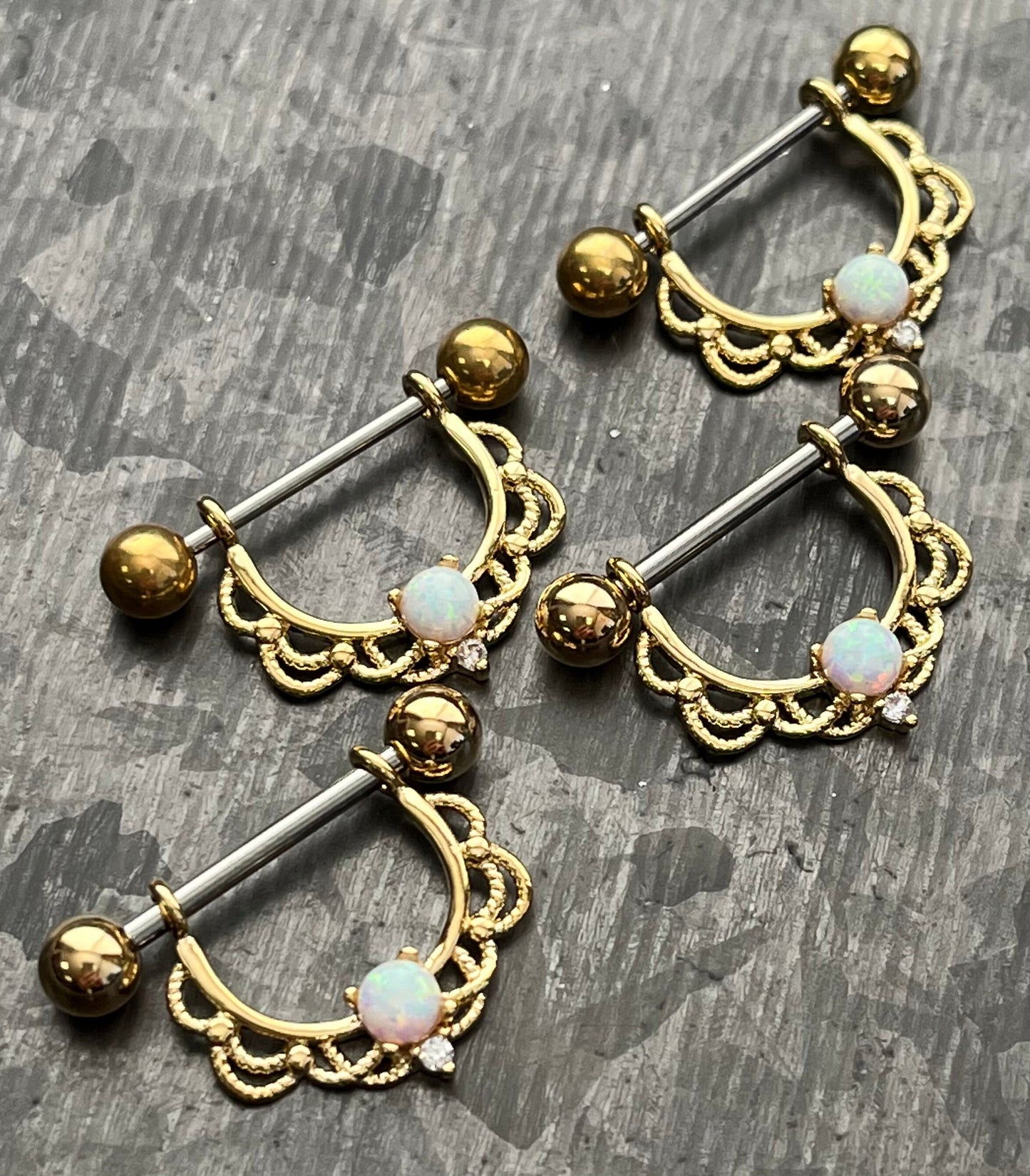 PAIR of Opal Center Filigree Drop Steel Nipple Barbells/Shields/Rings -16g or 14g, 12mm wearable length in Silver, Gold & Rose Gold!