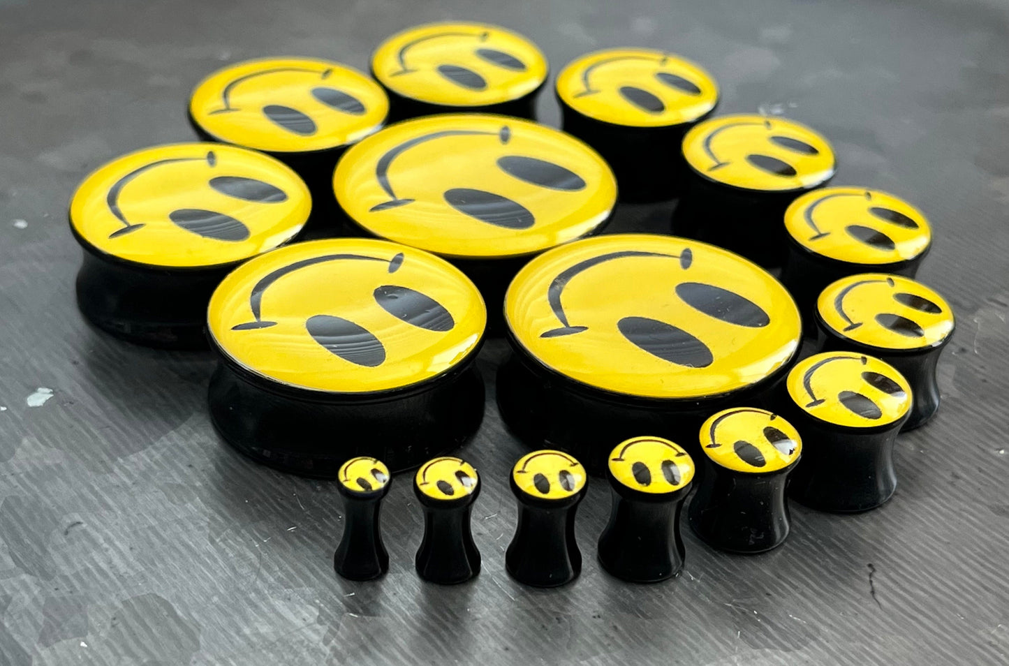 PAIR of Bright Yellow Smiley Face Logo Double Flare Acrylic Saddle Plugs - Gauges 8g (3mm) thru 1&3/16" (30mm) available!