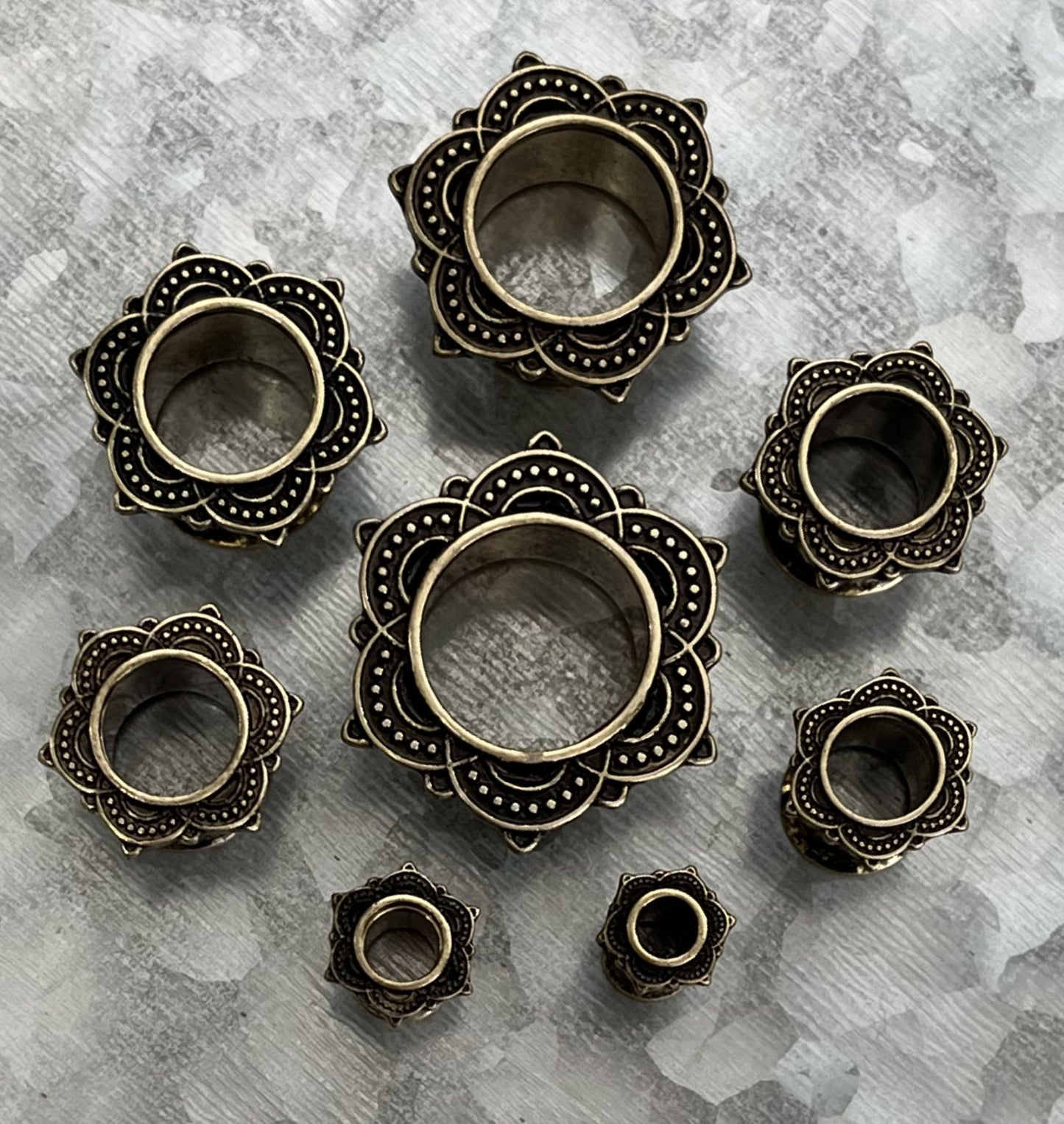 PAIR of Unique Antique Gold IP Rose of Sharon Tunnels Double Flare Steel Tunnels/Plugs - Gauges 4g (5mm) thru 5/8" (16mm) Available!