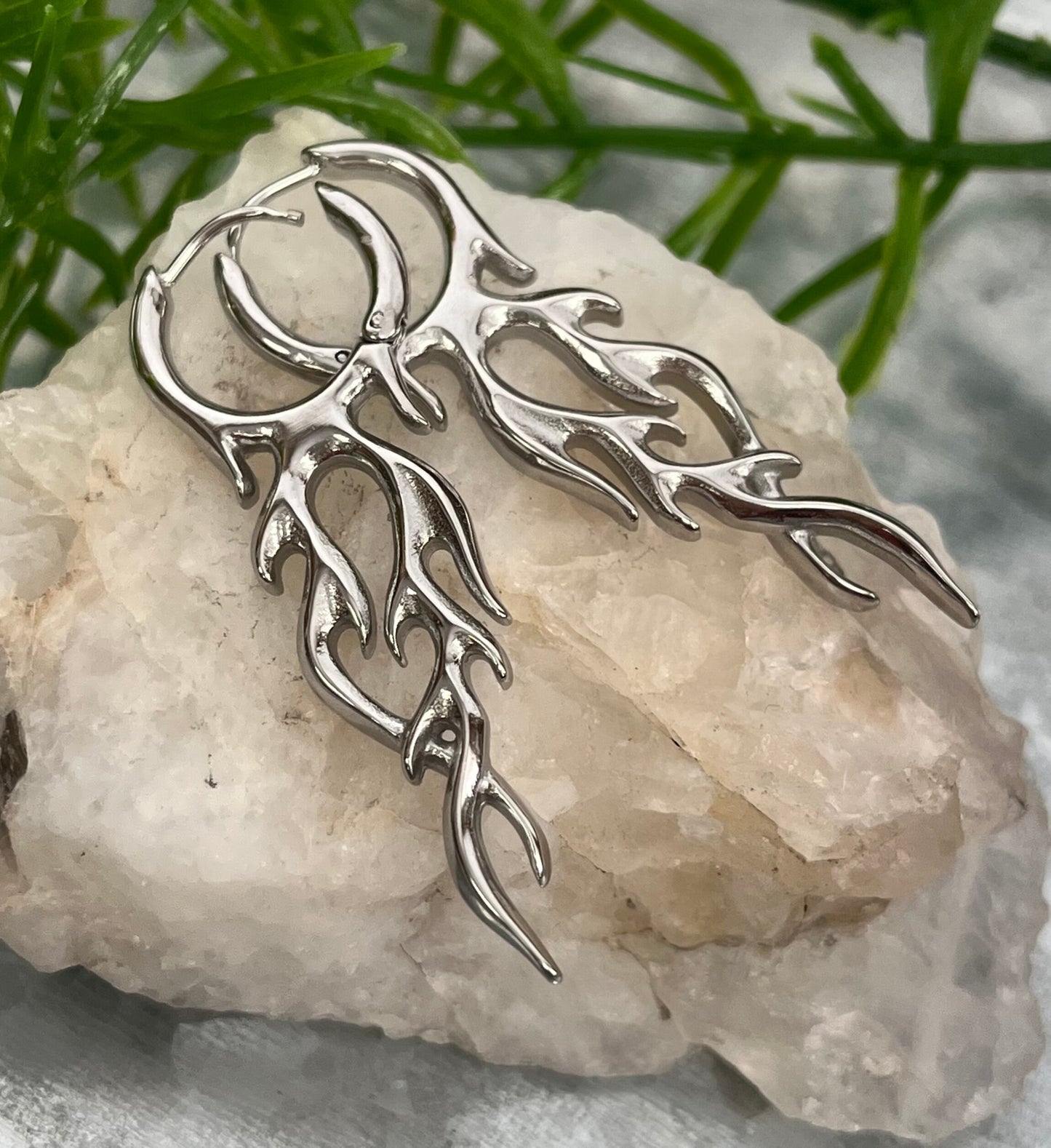 Pair of 18g 316L Stainless Steel Hoop with a Flame Dangle Earrings - Gauges 18g - Black and Silver Available!