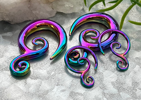 PAIR of Stunning Rainbow Double Swirl 316L Surgical Steel Hanging Tapers Expanders - Gauges 12g (2mm) thru 0g (8mm) Available!