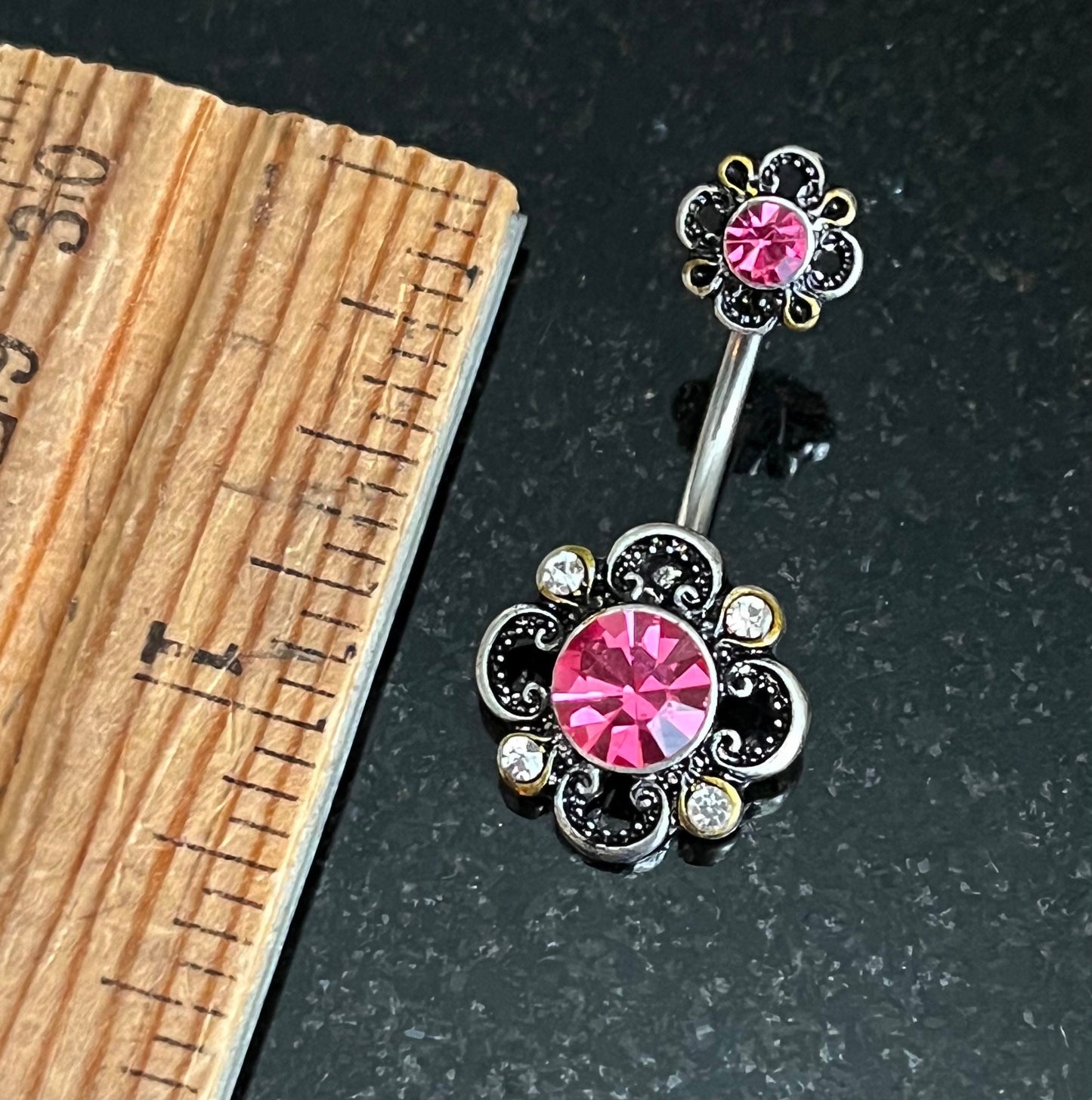 1 Piece Unique CZ Petals Floral Filigree Belly Ring Double Flower Navel / Naval Belly Ring -14g- 10mm- Gold, Steel and Rose Gold Available!
