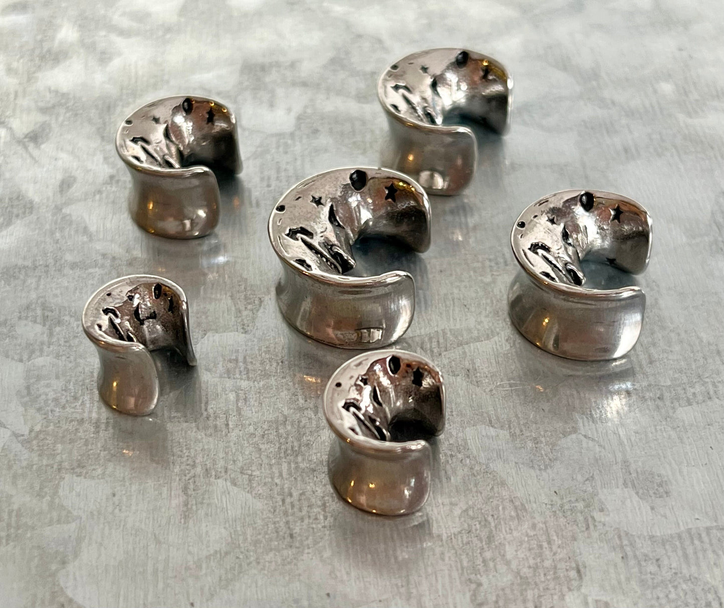 PAIR of Unique Face of the Moon Saddle Surgical Steel Ear Spreaders Hanger-Tunnels/Plugs - Gauges 0g (8mm) thru 16mm available!