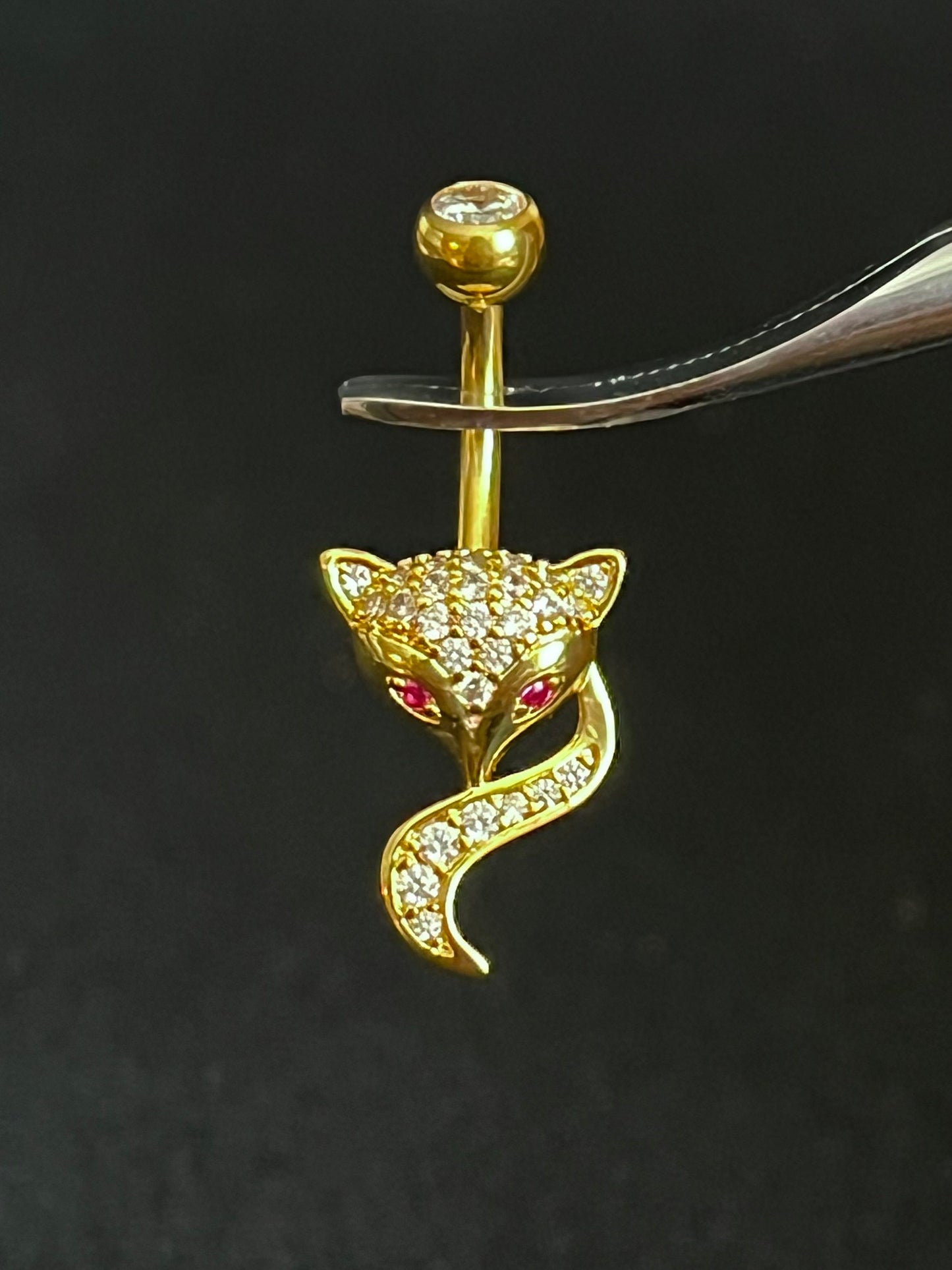 1 Piece Unique Paved CZ Gem Fox Navel / Naval Belly Button Ring - 14g - 10mm - Gold, Silver and Rose Gold Available!