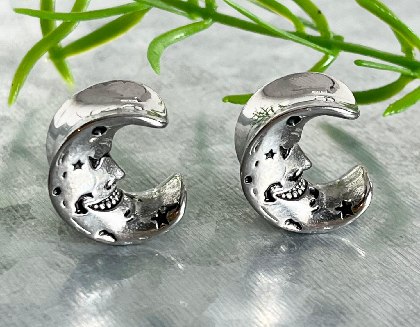 PAIR of Unique Face of the Moon Saddle Surgical Steel Ear Spreaders Hanger-Tunnels/Plugs - Gauges 0g (8mm) thru 16mm available!