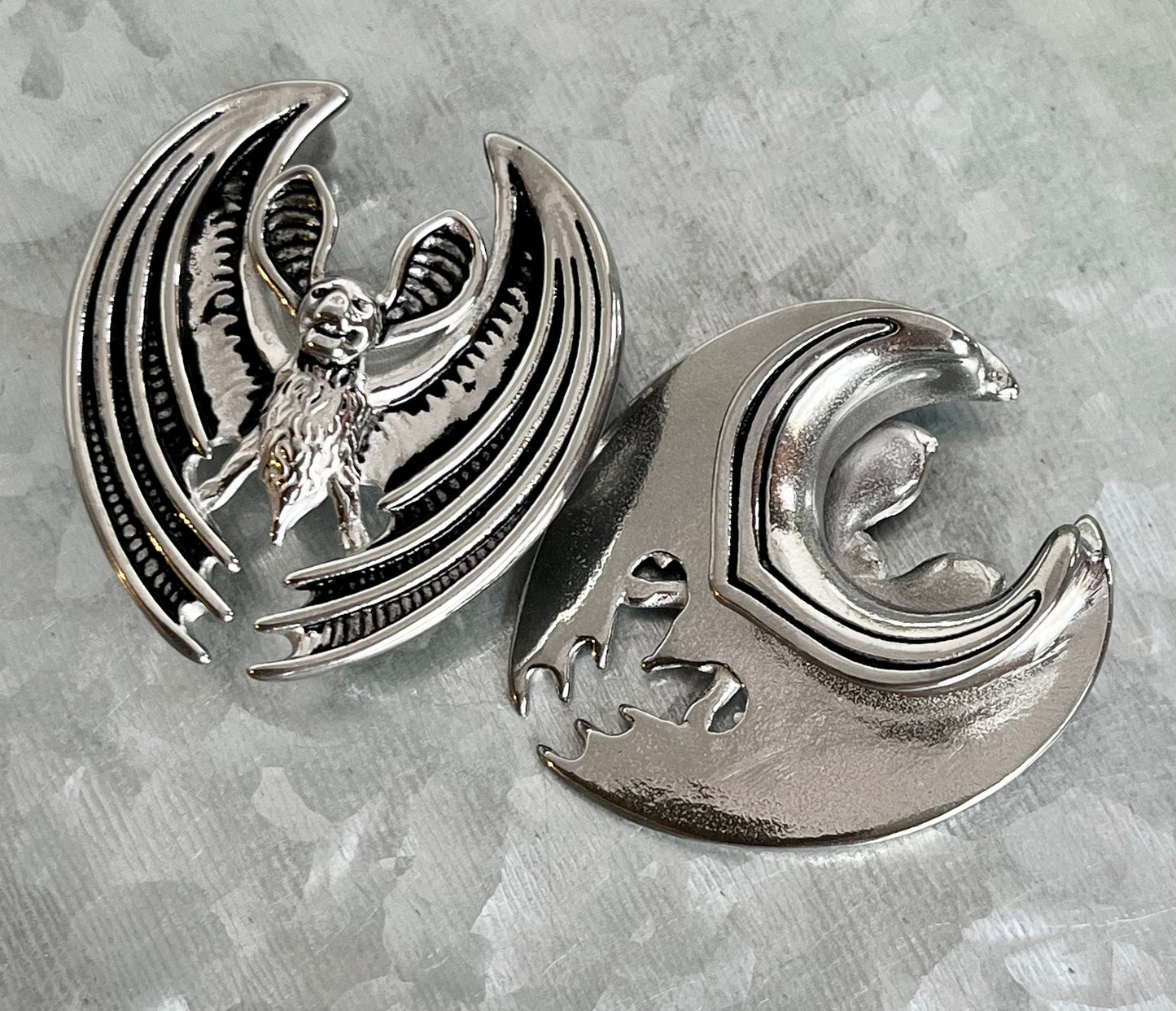 PAIR of Unique Flying Bat Saddle Surgical Steel Ear Spreader Hanger-Tunnels/Plugs - Gauges 0g (8mm) thru 3/4" (19mm) available!
