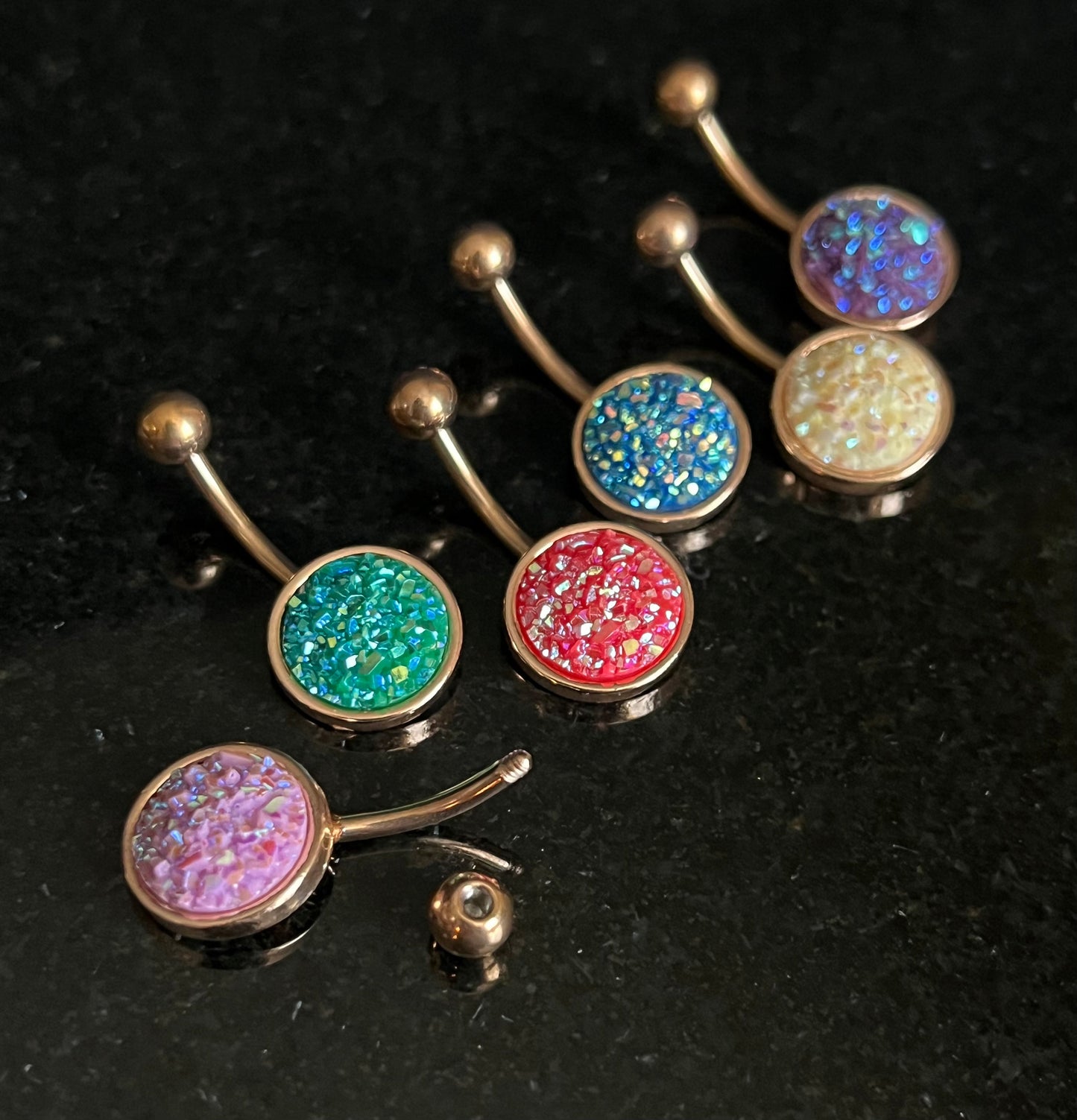 1 Piece Stunning Round Druzy Stone Style Rose Gold Plated Steel Belly Ring - 14g - 10mm - Available in a Variety of Colors!