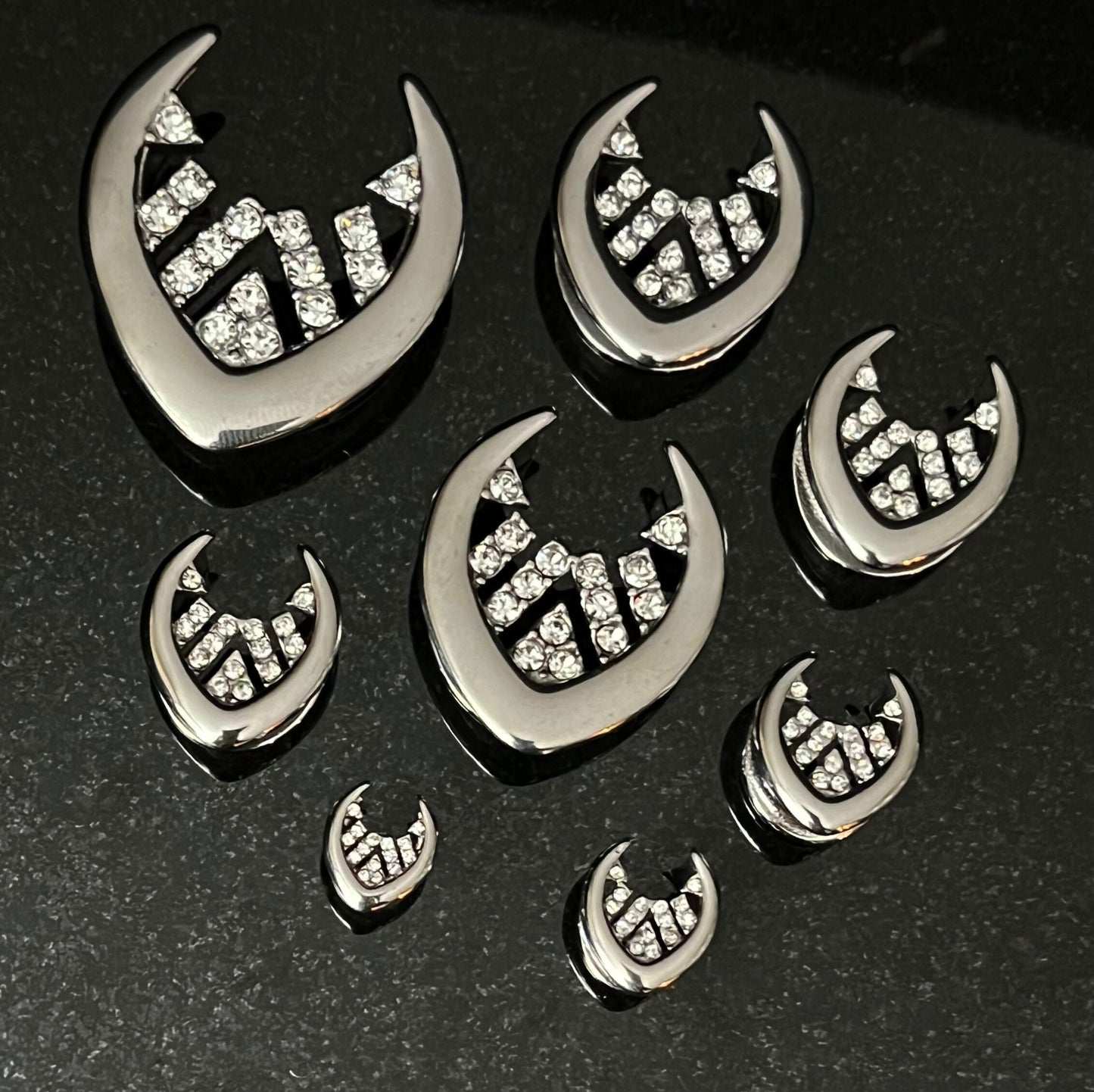 PAIR of Unique Paved CZ Gems Inner Design Saddle Surgical Steel Ear Spreader Hanger-Tunnels/Plugs -Gauges 0g (8mm) thru 1" (25mm) available!
