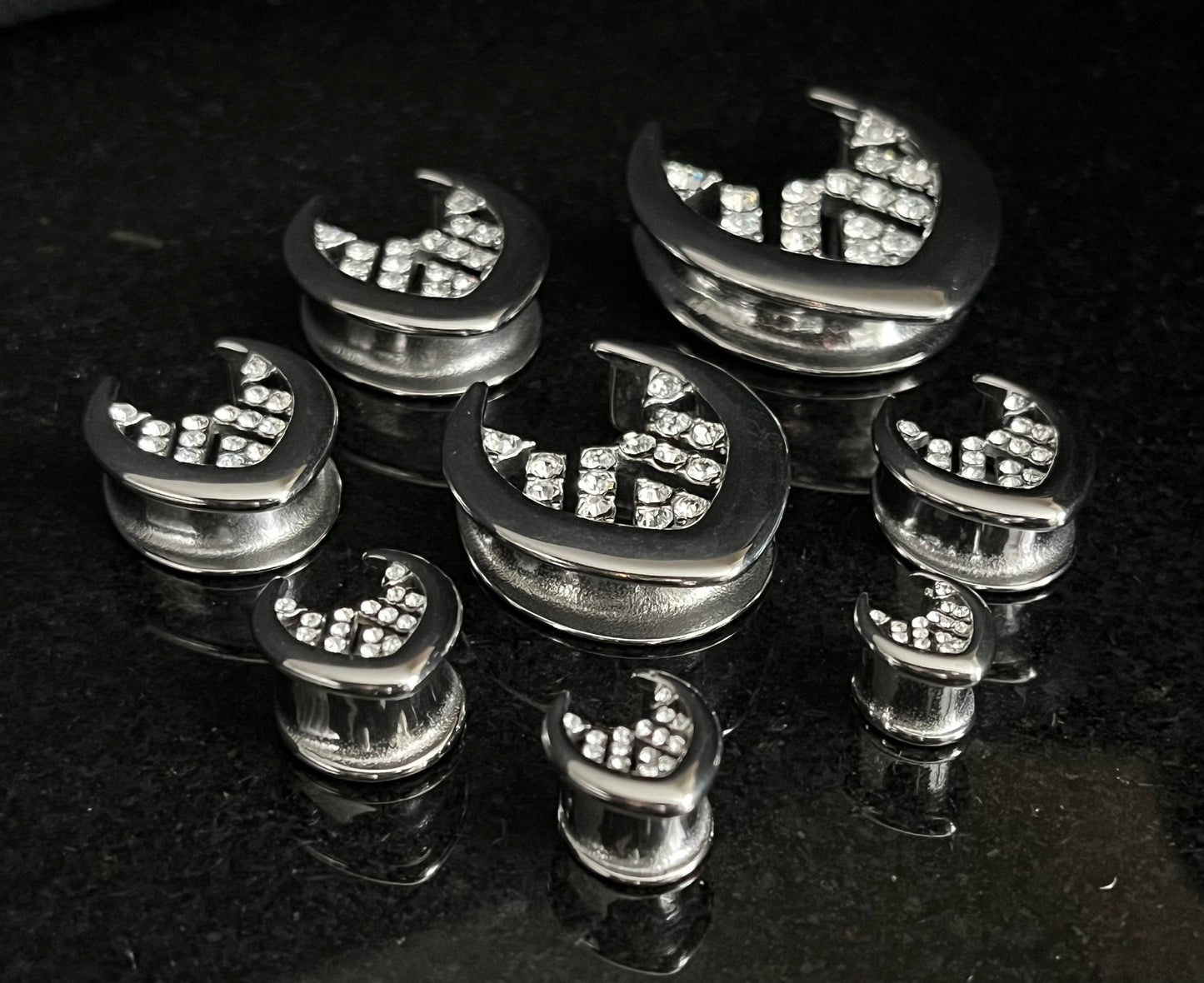 PAIR of Unique Paved CZ Gems Inner Design Saddle Surgical Steel Ear Spreader Hanger-Tunnels/Plugs -Gauges 0g (8mm) thru 1" (25mm) available!