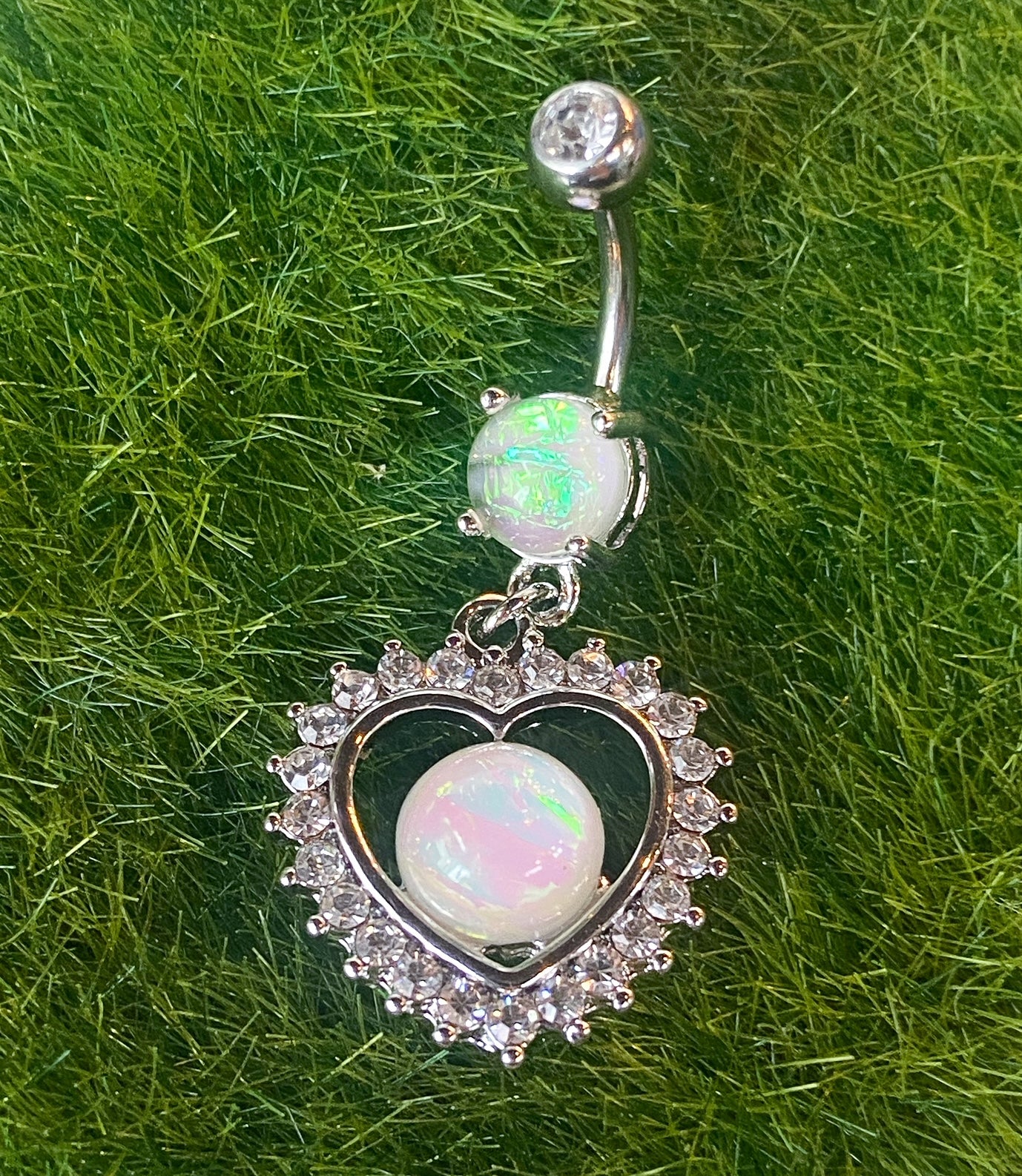 Opal Glitter Center Crystal Heart Dangle Belly Button Ring Navel Naval