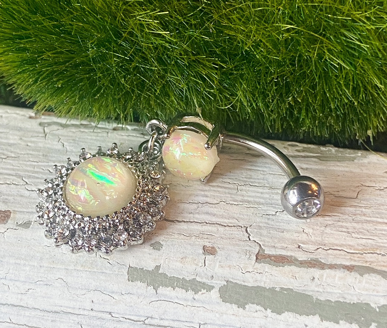 Opal Glitter Center Crystal Shield Dangle Belly Button Ring Navel Naval