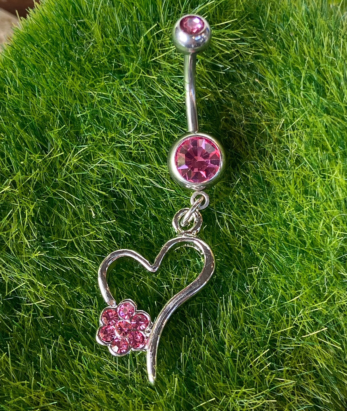 1pc Hollow Heart w/CZ Gem Paved Flower Dangle Belly Ring Navel Naval
