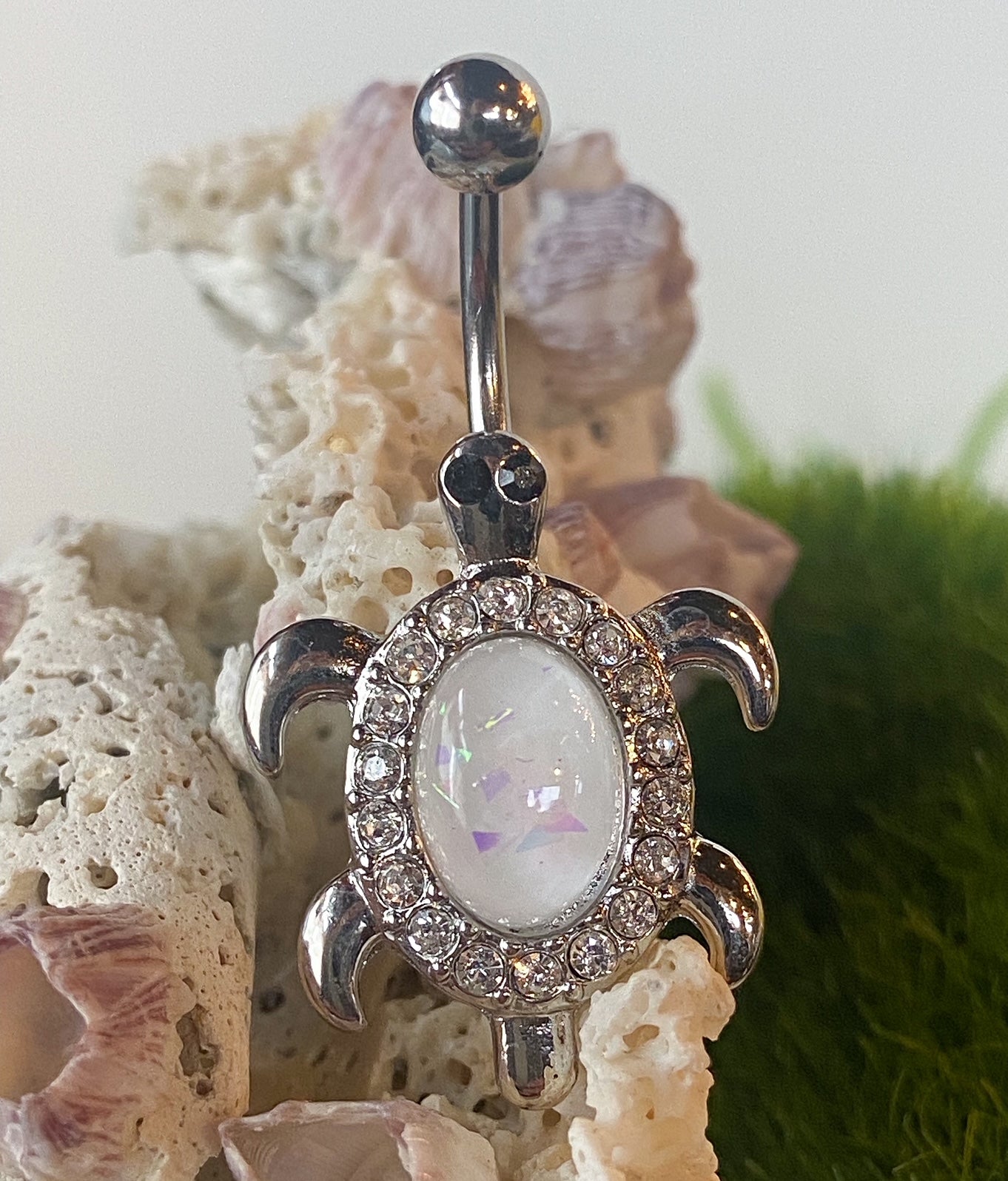 Opal Glitter Center Crystal Paved Turtle Belly Button Ring Navel Naval