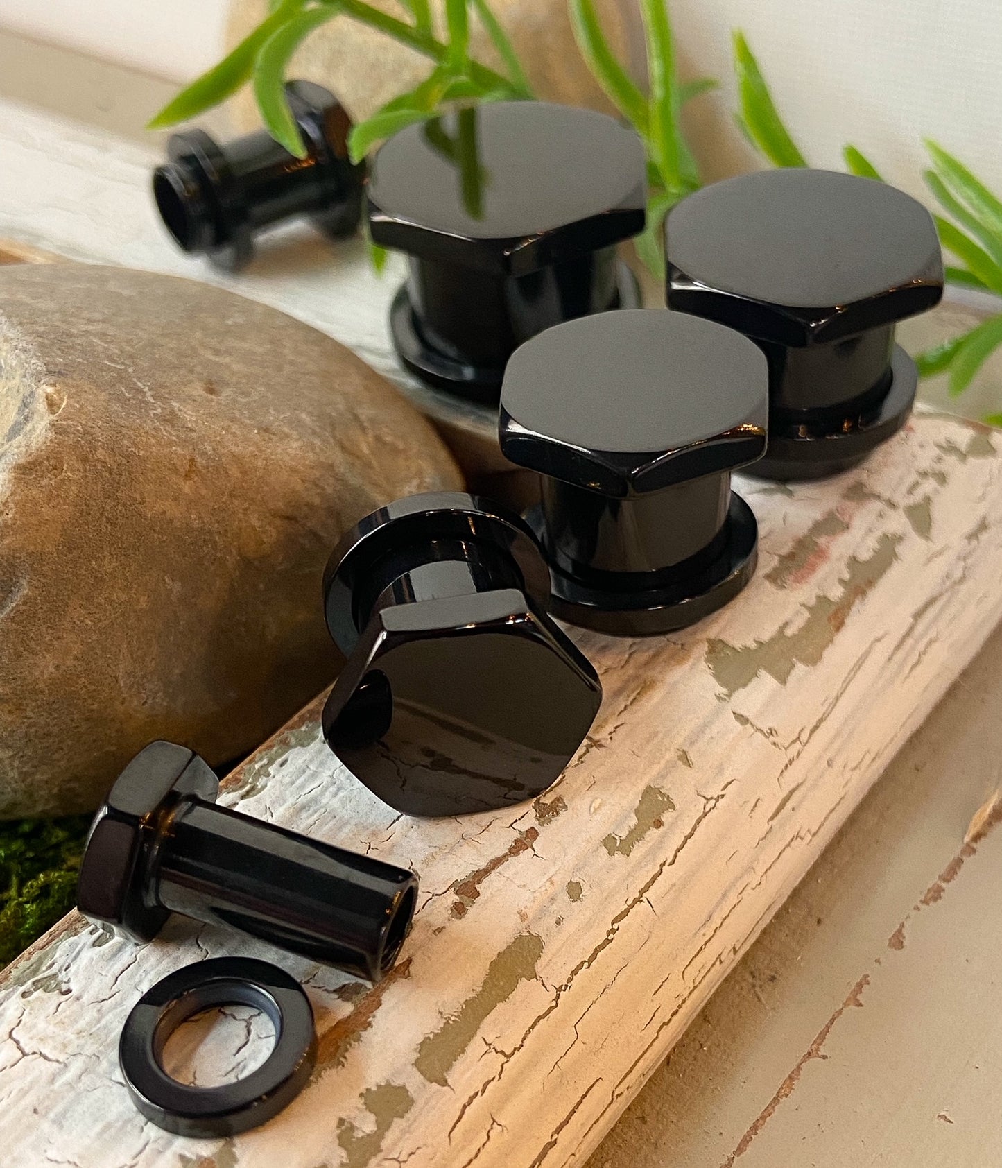 PAIR Hexagon Single Flare Plugs w/ Steel Disc O-Ring Tunnels 316L Surgical Steel