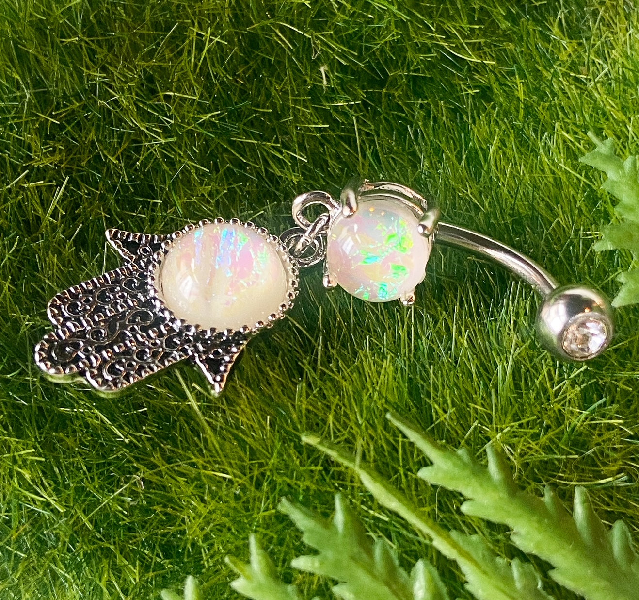 Opal Glitter Center Hamsa Dangle Belly Button Ring Navel Naval