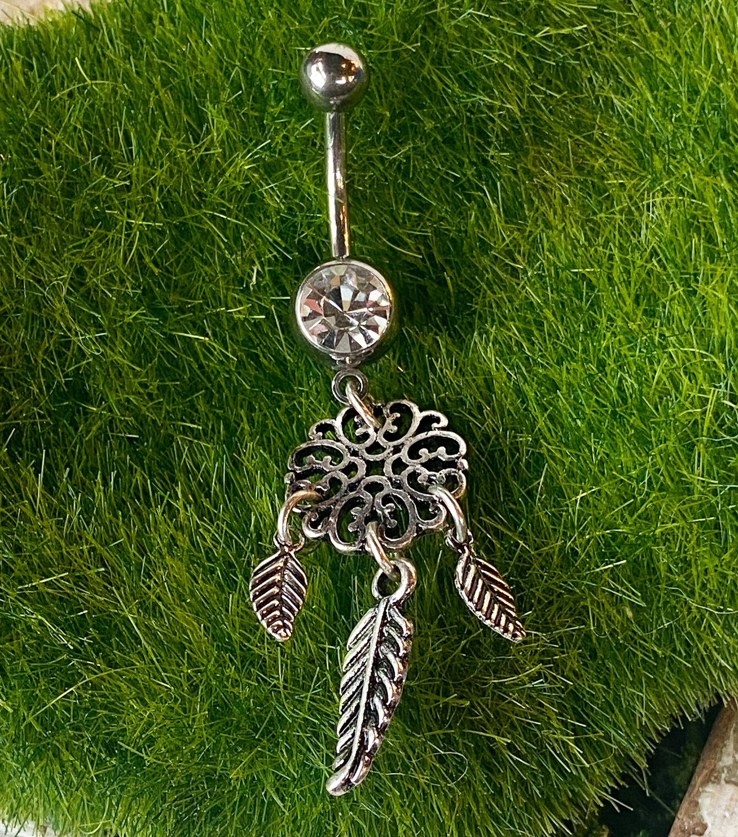 1pc Filigree Dream Catcher w/ Feather Dangles CZ Gem Belly Ring Navel Naval