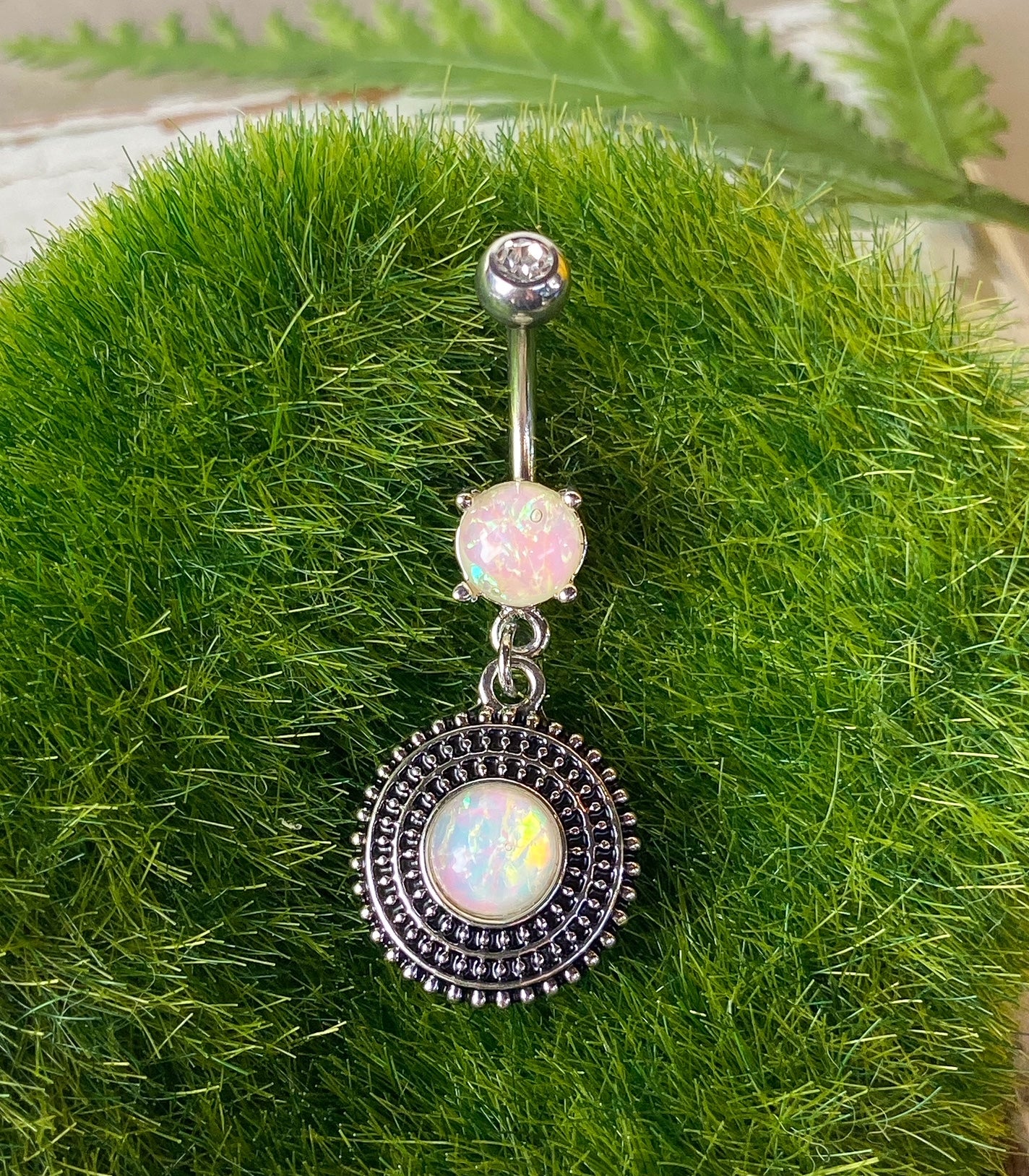 Opal Glitter Center Tribal Shield Dangle Belly Button Ring Navel Naval