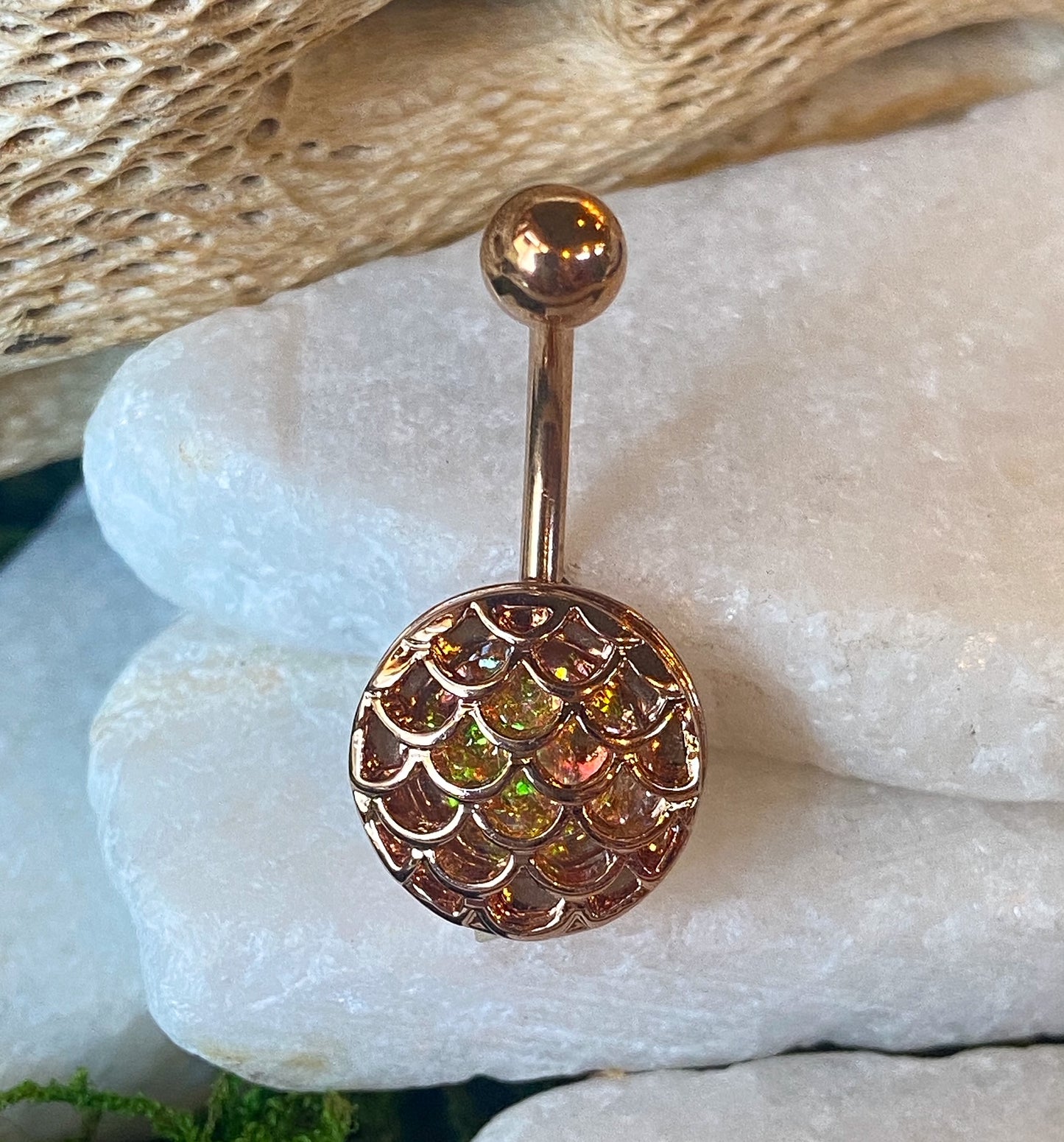 1pc Opal Glitter Encased Casted Fish Scale 14g Belly Ring Pierced Navel Naval