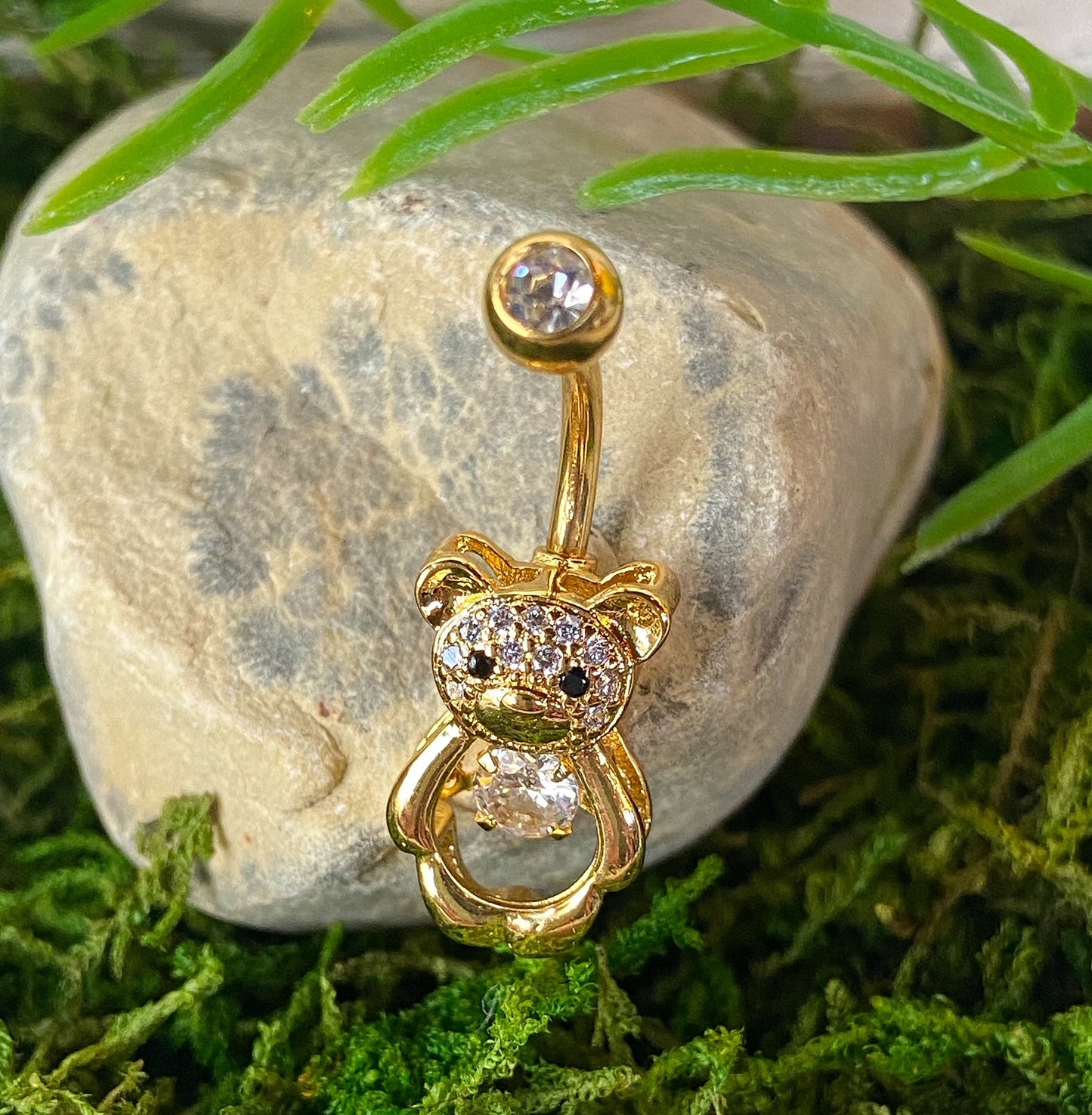 1pc CZ Gem Center Teddy Bear Belly Button Ring Pierced Navel Gold Plated Naval