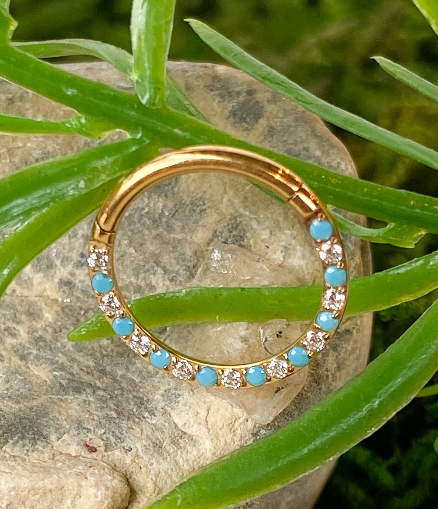 1pc Titanium Hinged Segment Ring Front Turquoise & Gems Septum Hoop Helix Daith