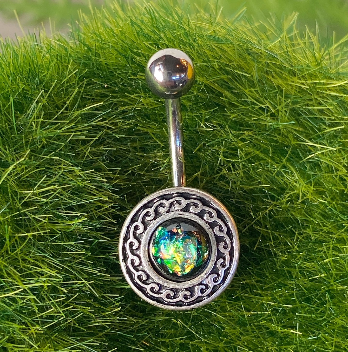 1pc Antique Silver Plated Tribal Shield w/ Opal Glitter Center Belly Navel Ring