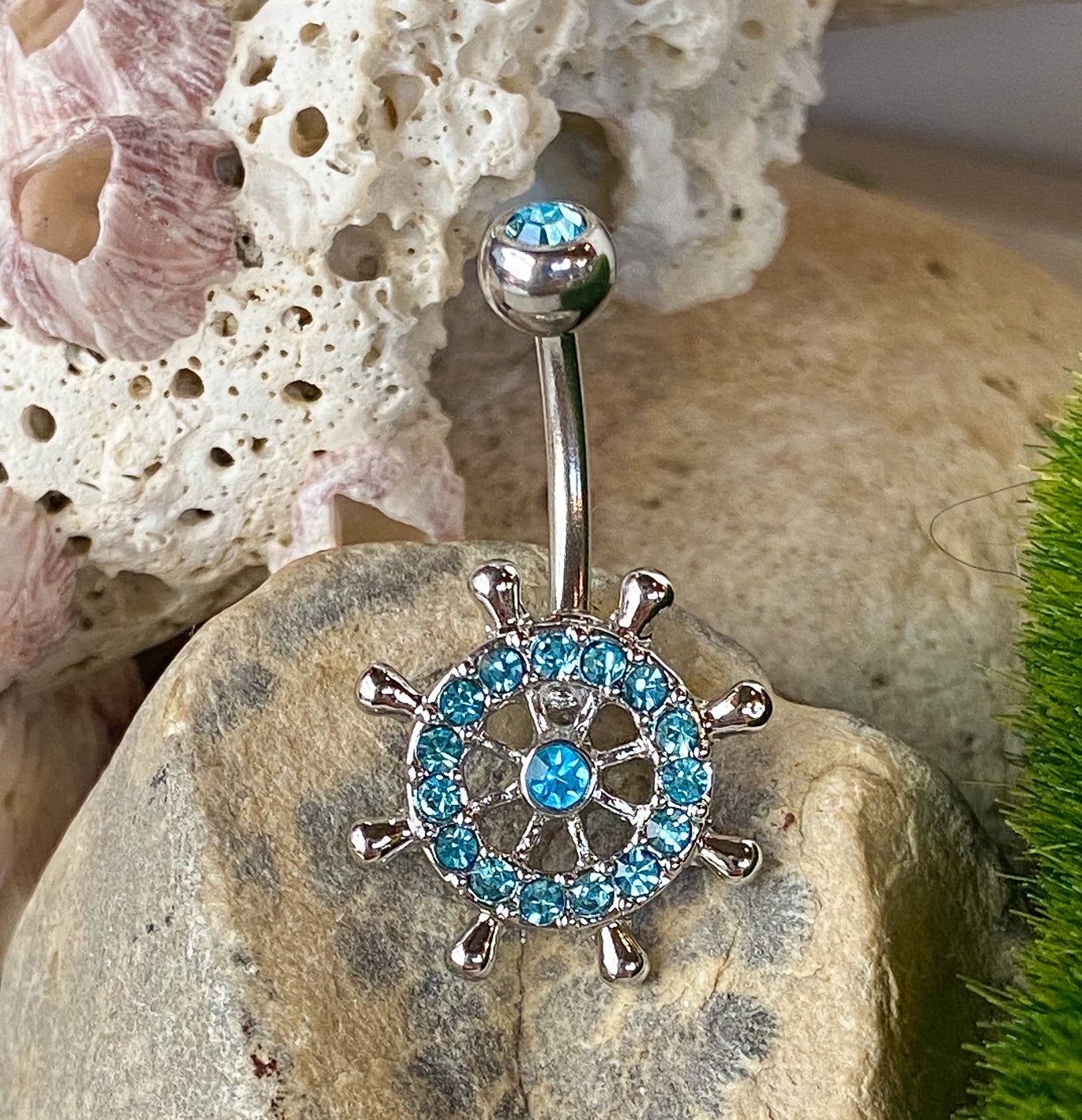 Ship Wheel Belly Ring Paved CZ Gem Pierced Navel Naval Clear, Aqua