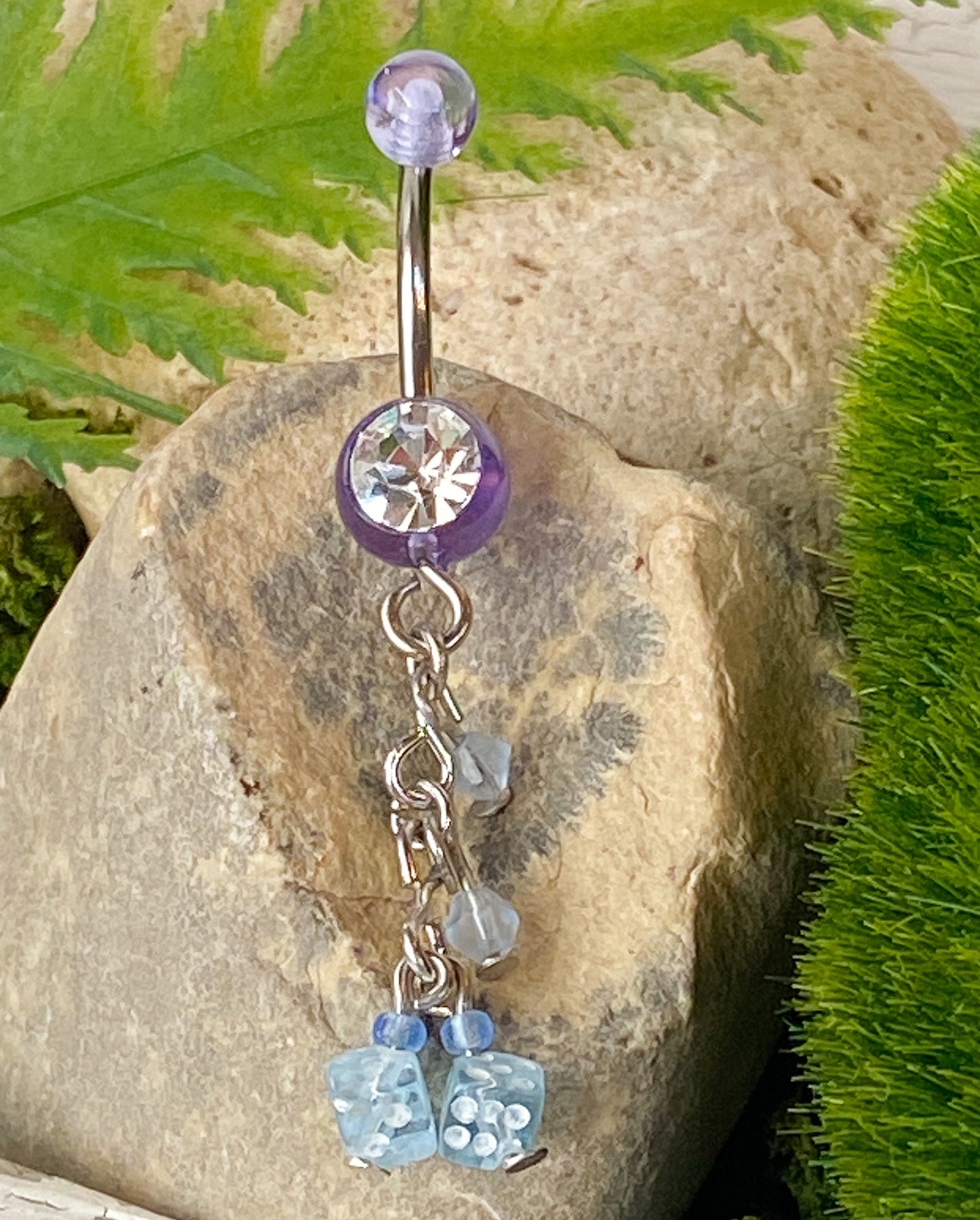 UV CZ Gem w/ Bead & Dice Belly Ring Navel Naval