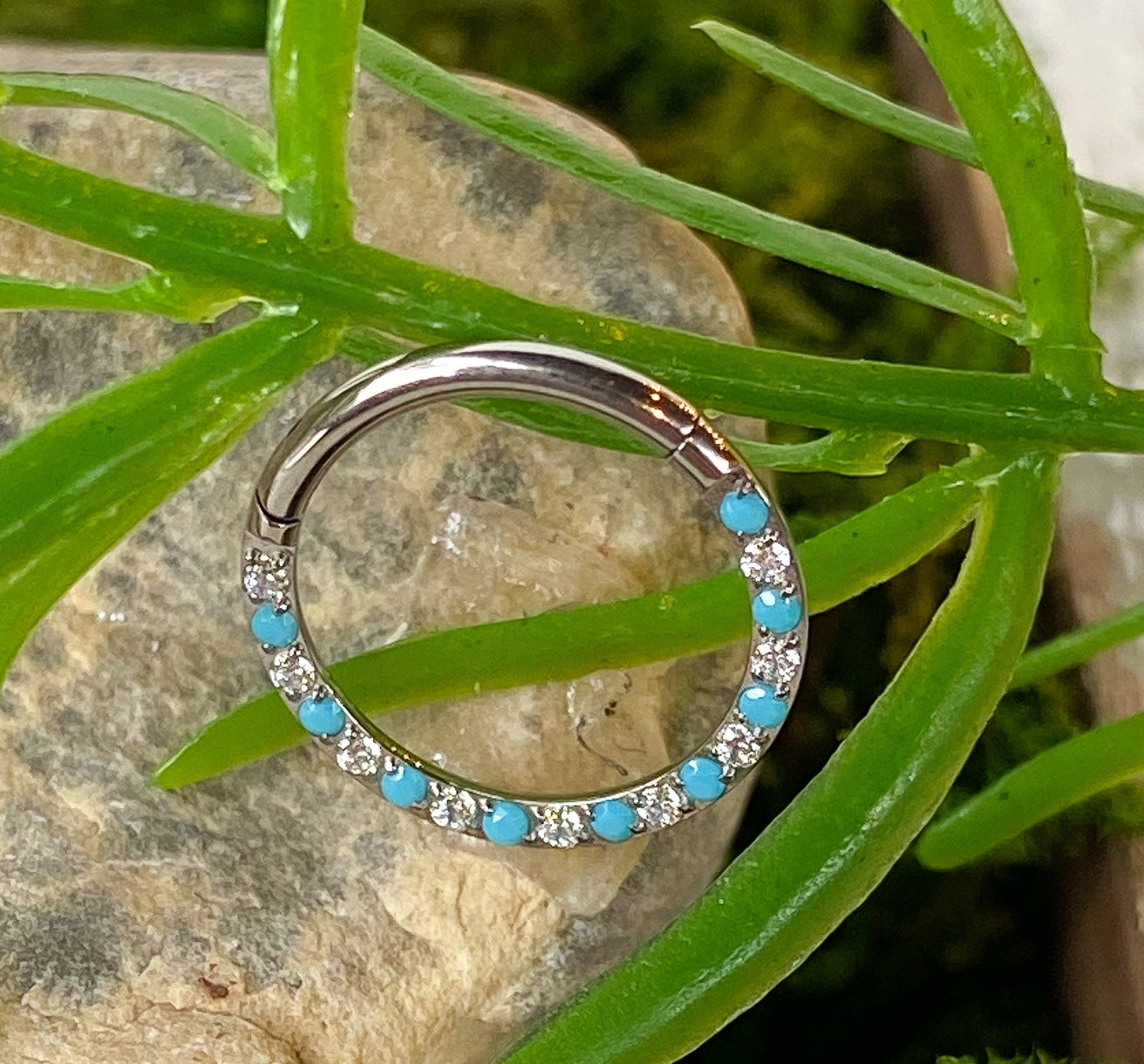 1pc Titanium Hinged Segment Ring Front Turquoise & Gems Septum Hoop Helix Daith
