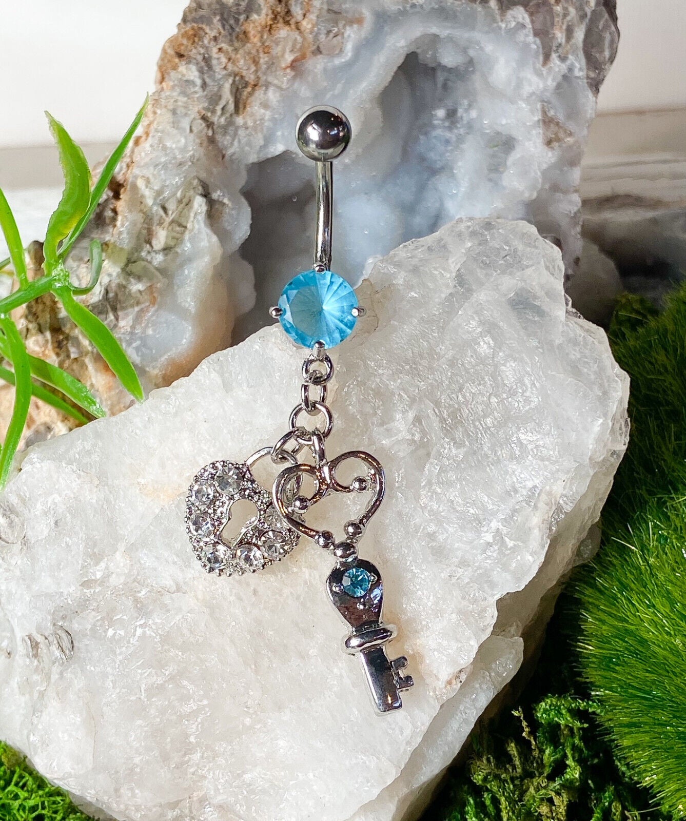 1pc Heart Lock Key CZ Gem Belly Ring Navel Piercing Pierced Naval Body Jewelry