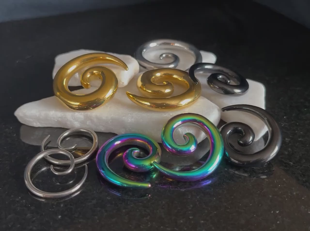 PAIR of Unique Stainless Steel Spiral Tapers Expanders - Black, Gold or Rainbow - Gauges 12g (2mm) thru 2g (6mm) available!