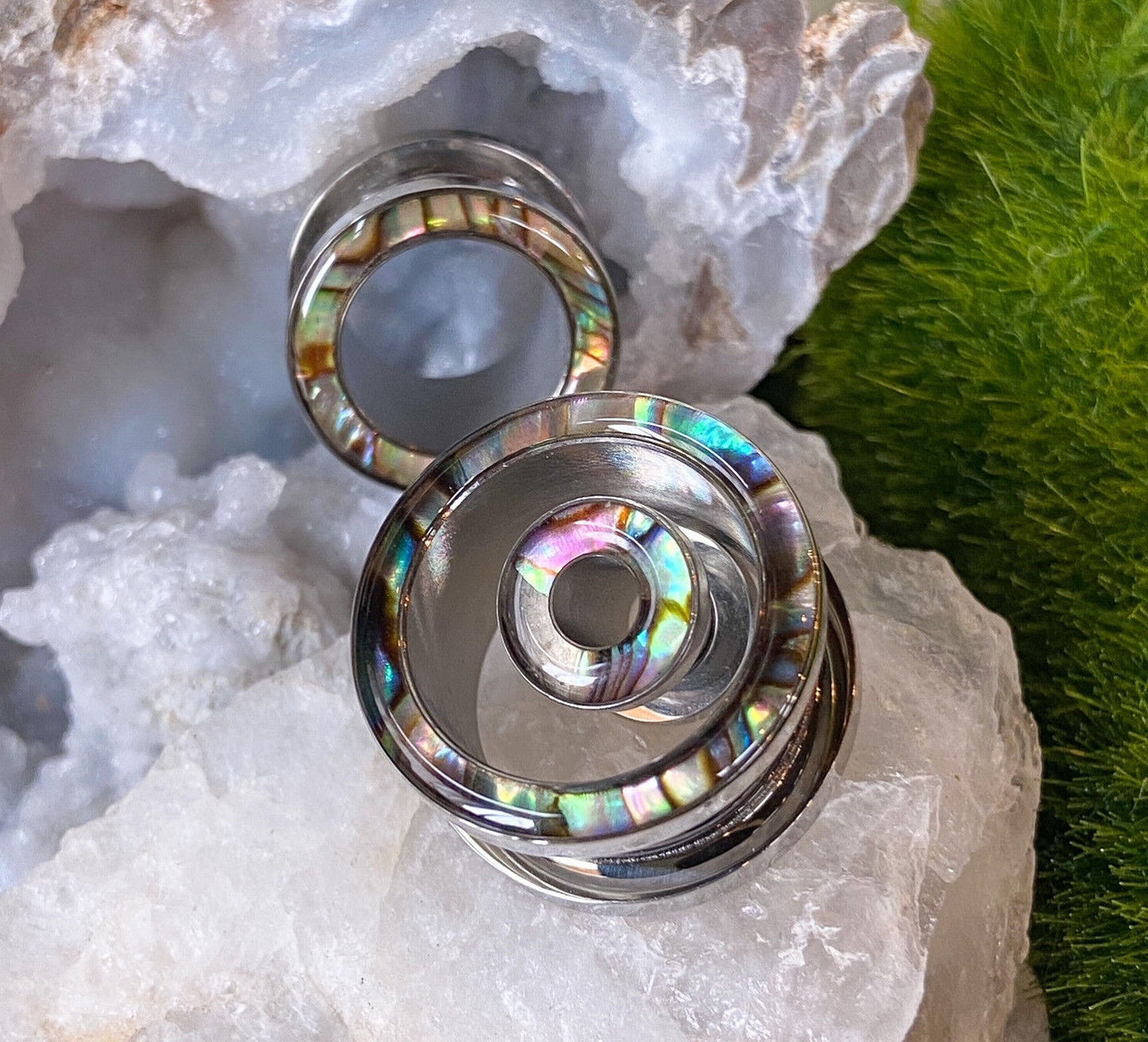 PAIR of Beautiful Abalone Inlay Steel Screw Fit Tunnels - Gauges 4g (5mm) thru 5/8" (16mm) available!