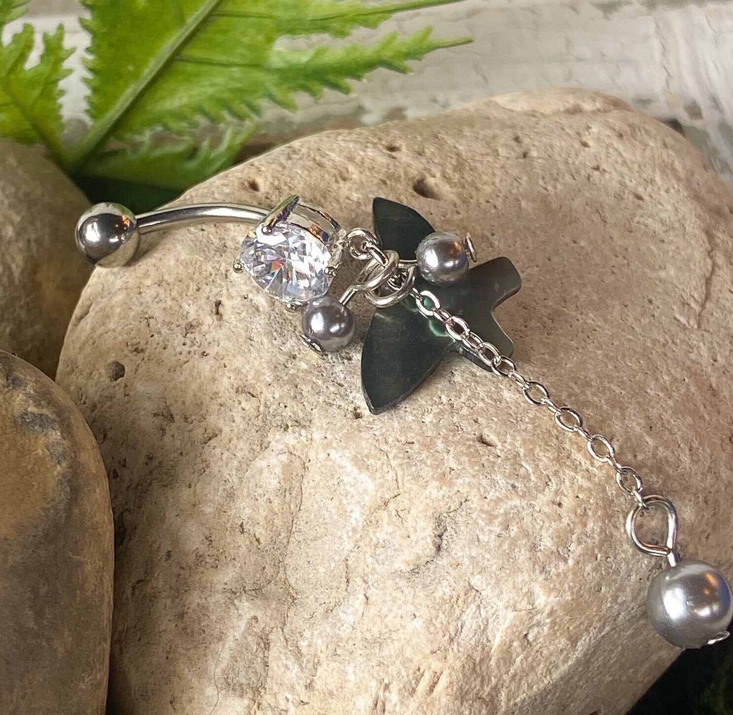 Mother of Pearl Butterfly & Beads Belly Ring CZ Gem Pierced Navel Piercing Naval