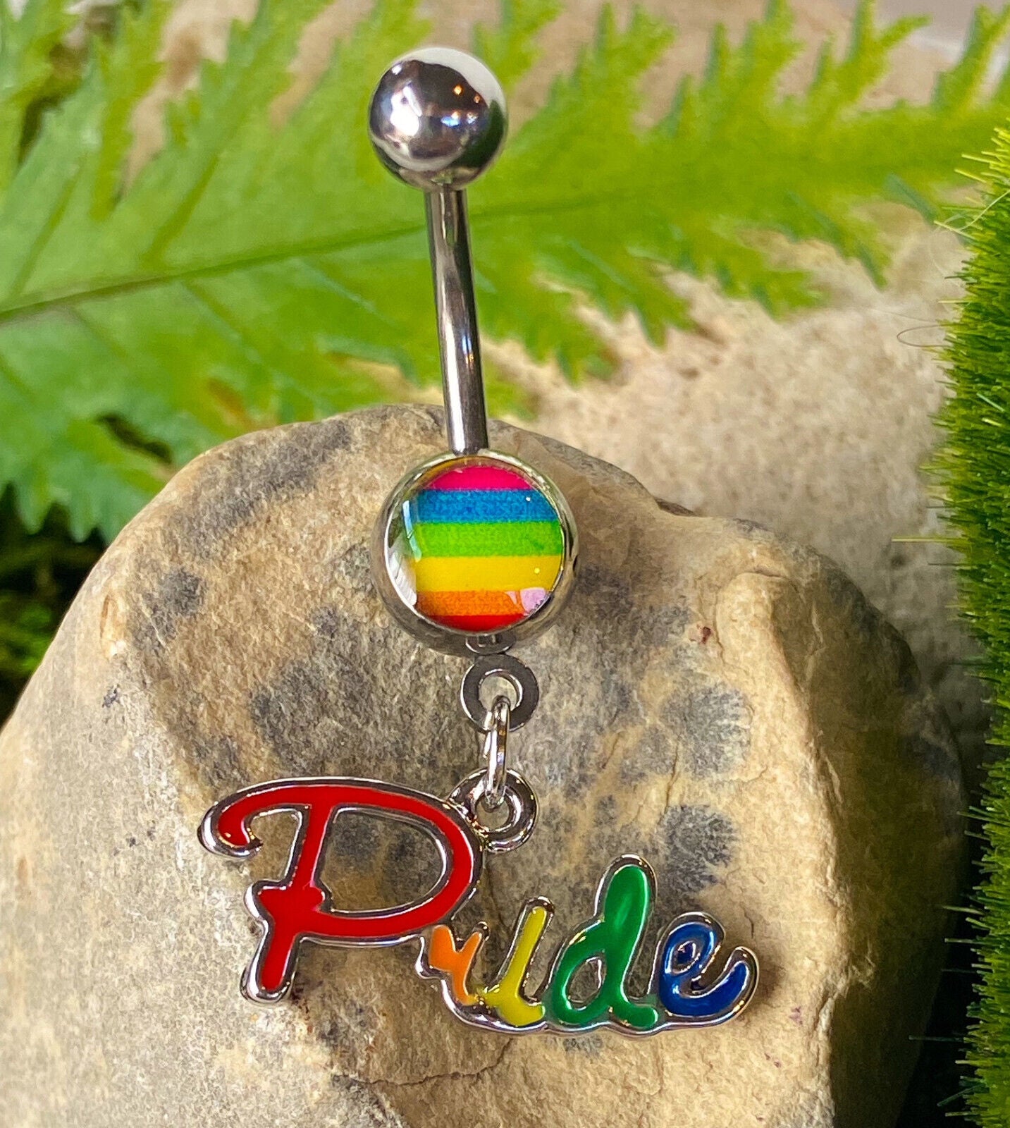 Gay Pride Epoxy Belly Ring Rainbow Dangle Pierced Navel Naval Body Jewelry