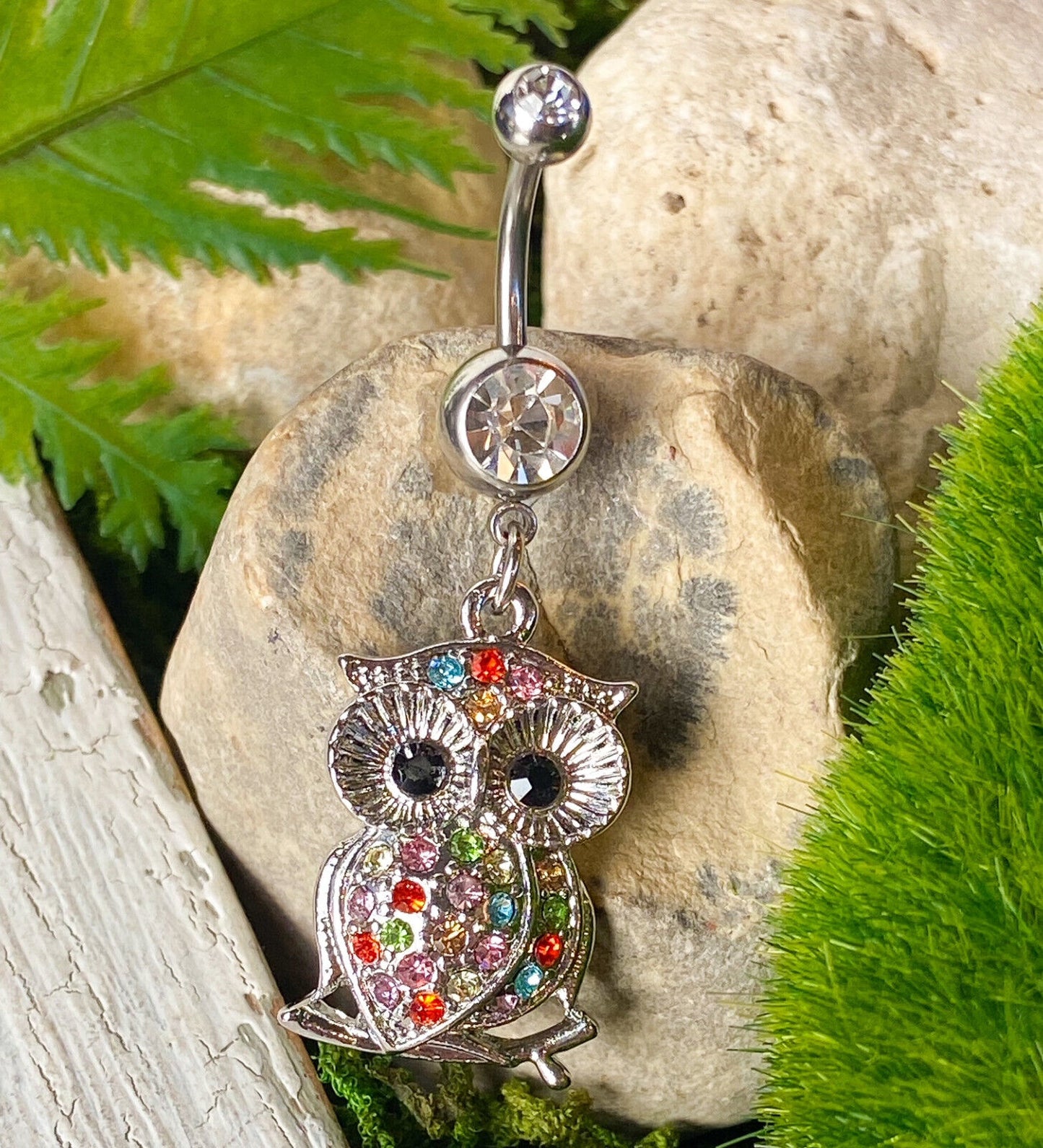 Owl Multi Color CZ Gem Dangle Belly Ring Navel Piercing Naval Bird Rainbow
