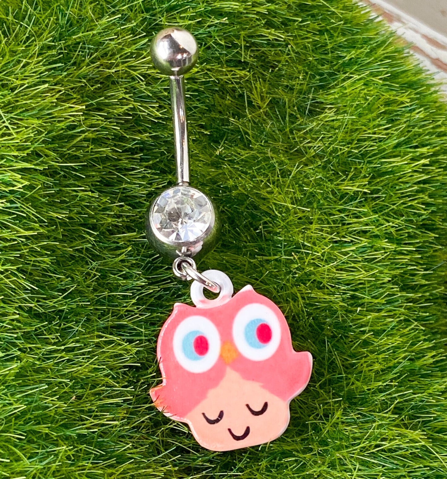 Pink Owl Dangle Clear Gem Belly Ring Navel Piercing Pierced Naval