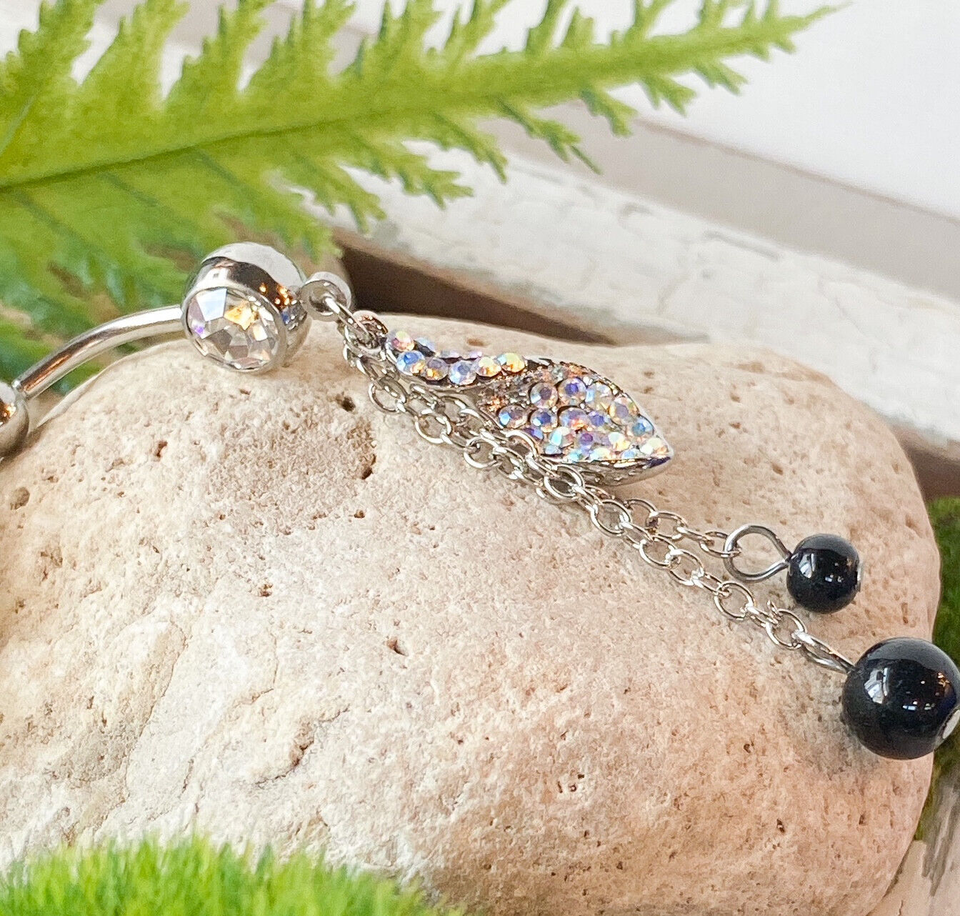 Twist Aurora Borealis Gem Belly Ring Navel Black Bead Dangles Naval Piercing