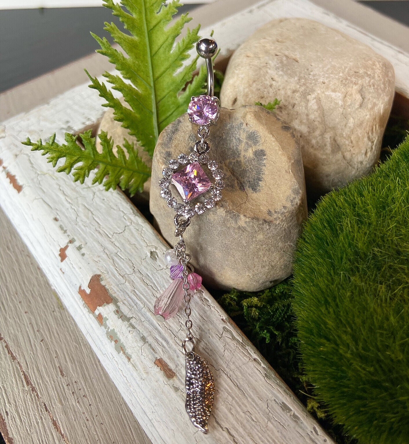 Circle Dangle Pink & Clear Gem Belly Ring Navel Piercing Pierced Naval