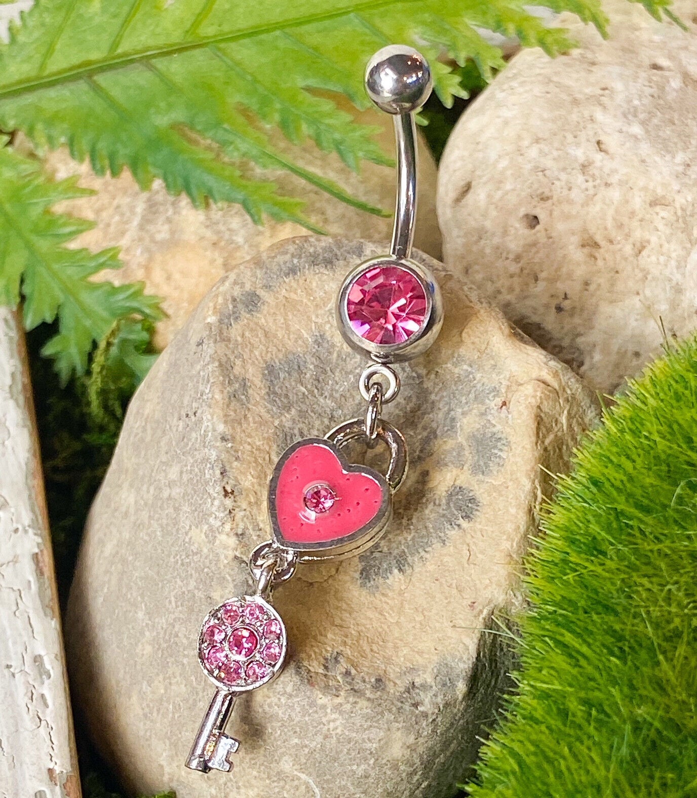 Acrylic Pink Heart Key Gem Belly Ring Navel Piercing Pierced Naval Body Jewelry