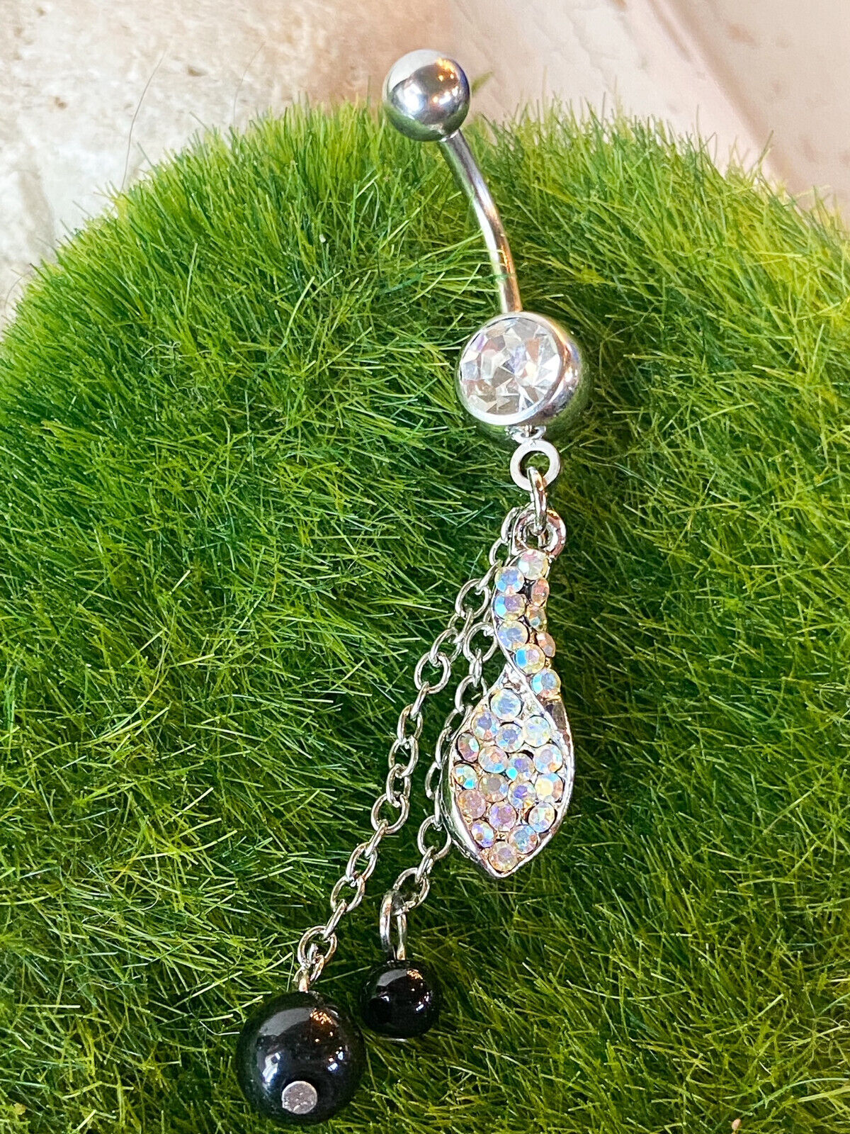 Twist Aurora Borealis Gem Belly Ring Navel Black Bead Dangles Naval Piercing
