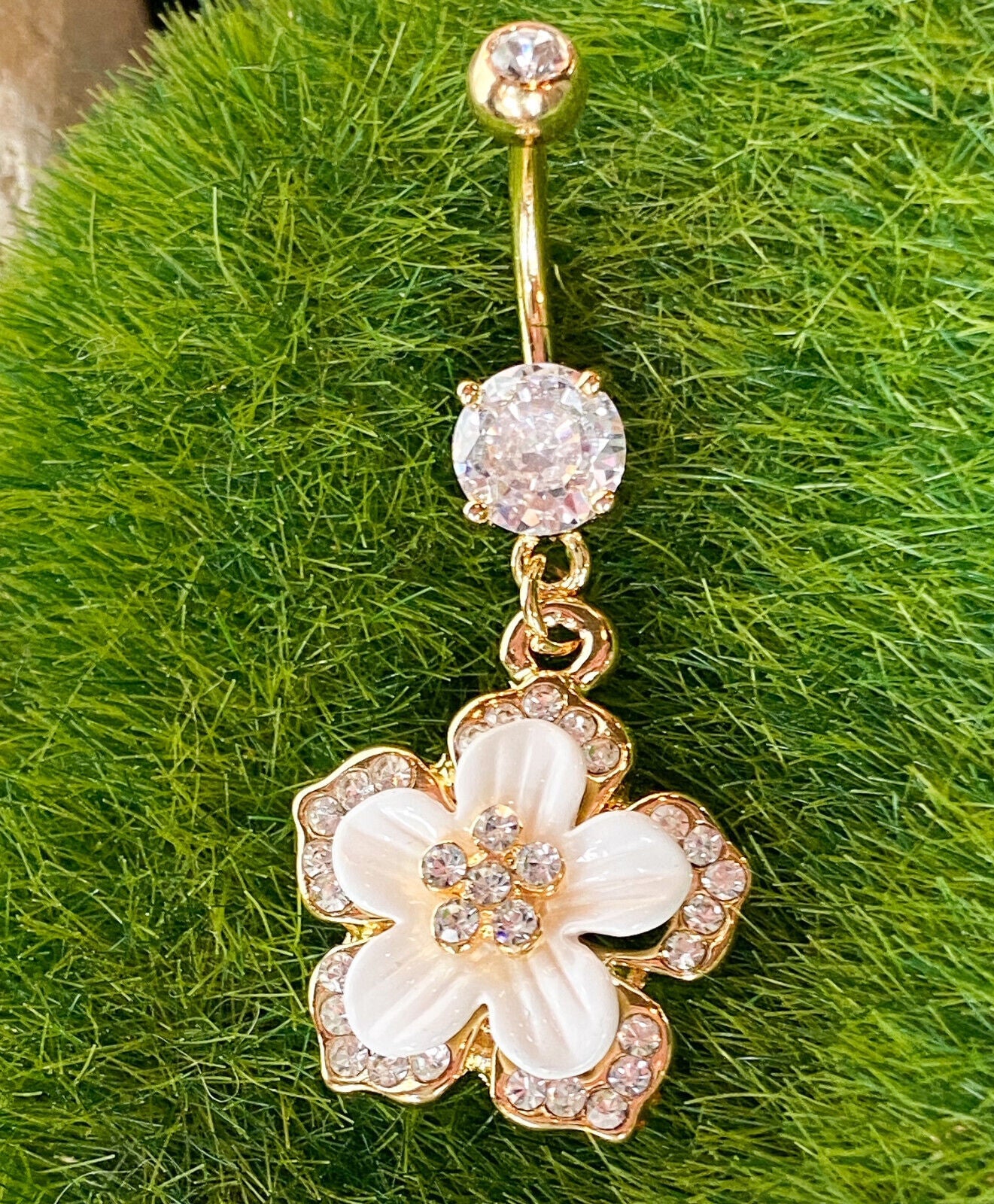 14kt Gold Plated Gemmed Flower Belly Ring Navel Pierced Body Jewelry Dangle