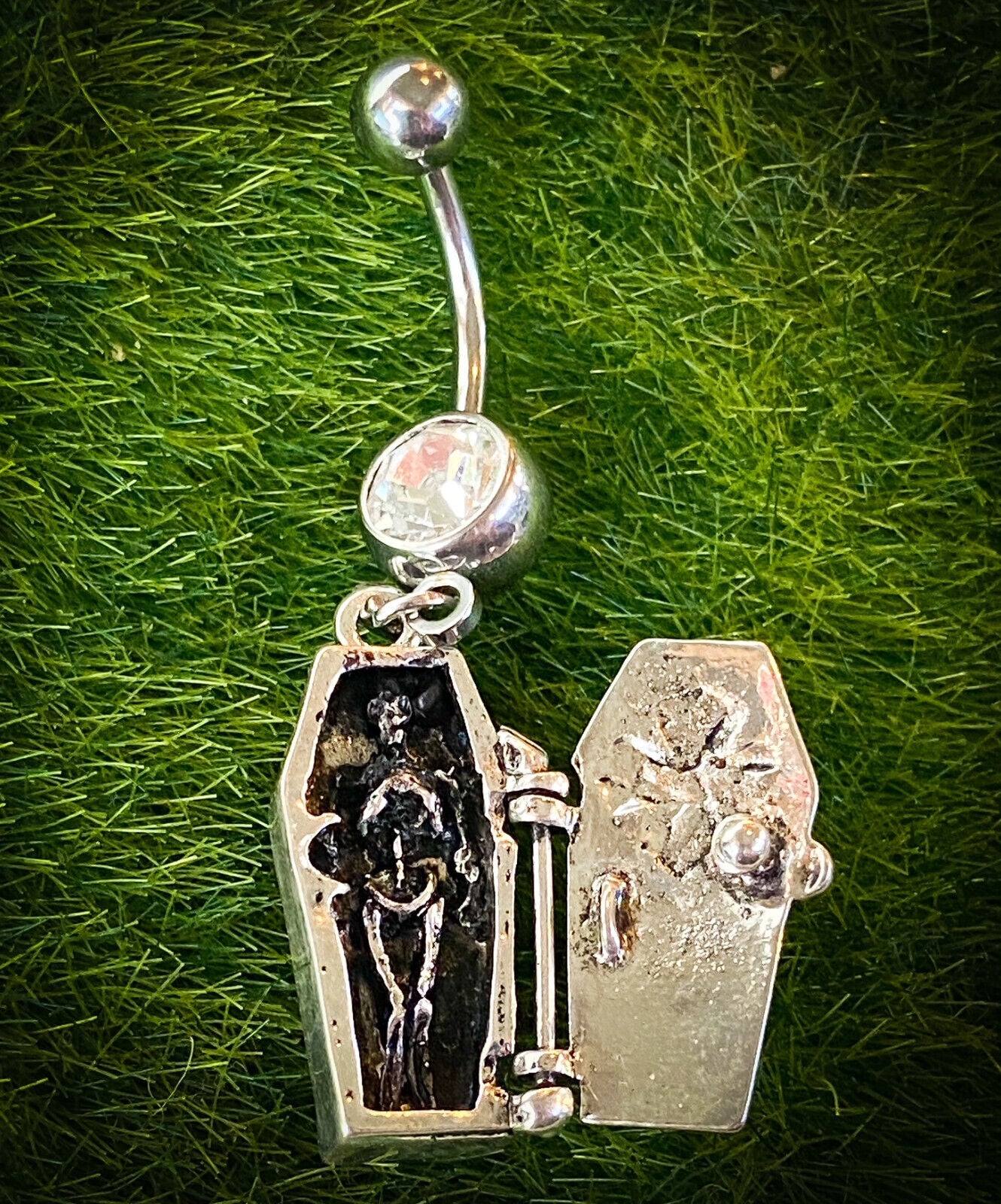 Coffin Dangle Belly Ring Pierced Navel Naval Hinge Skeleton Halloween Gothic