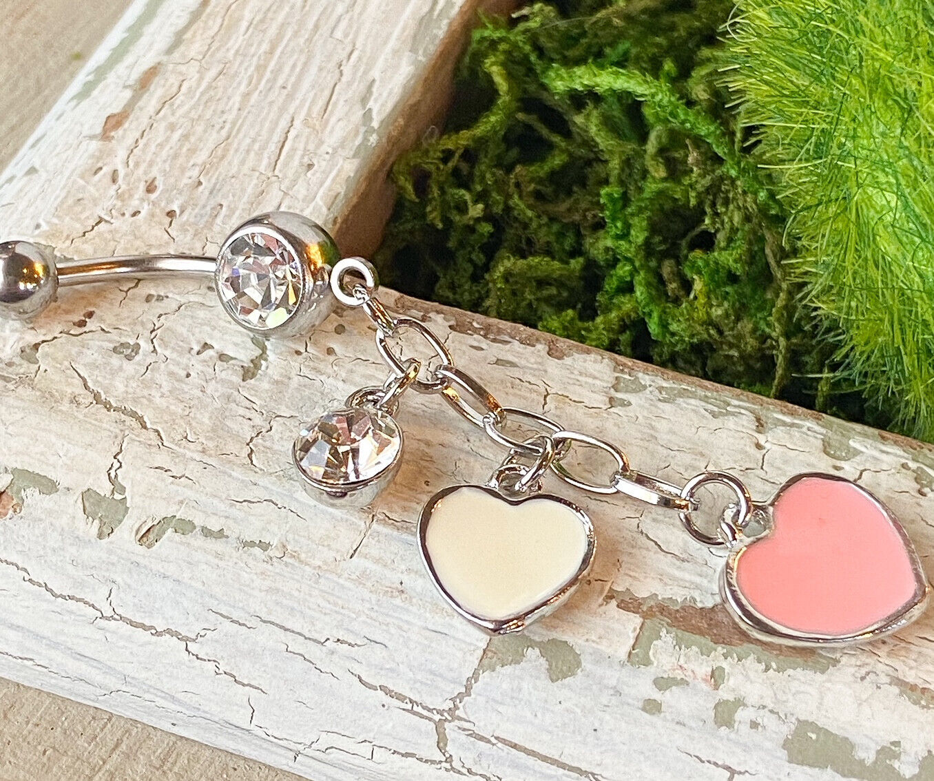 Heart Pink & White Epoxy Belly Ring Navel Piercing Pierced Naval