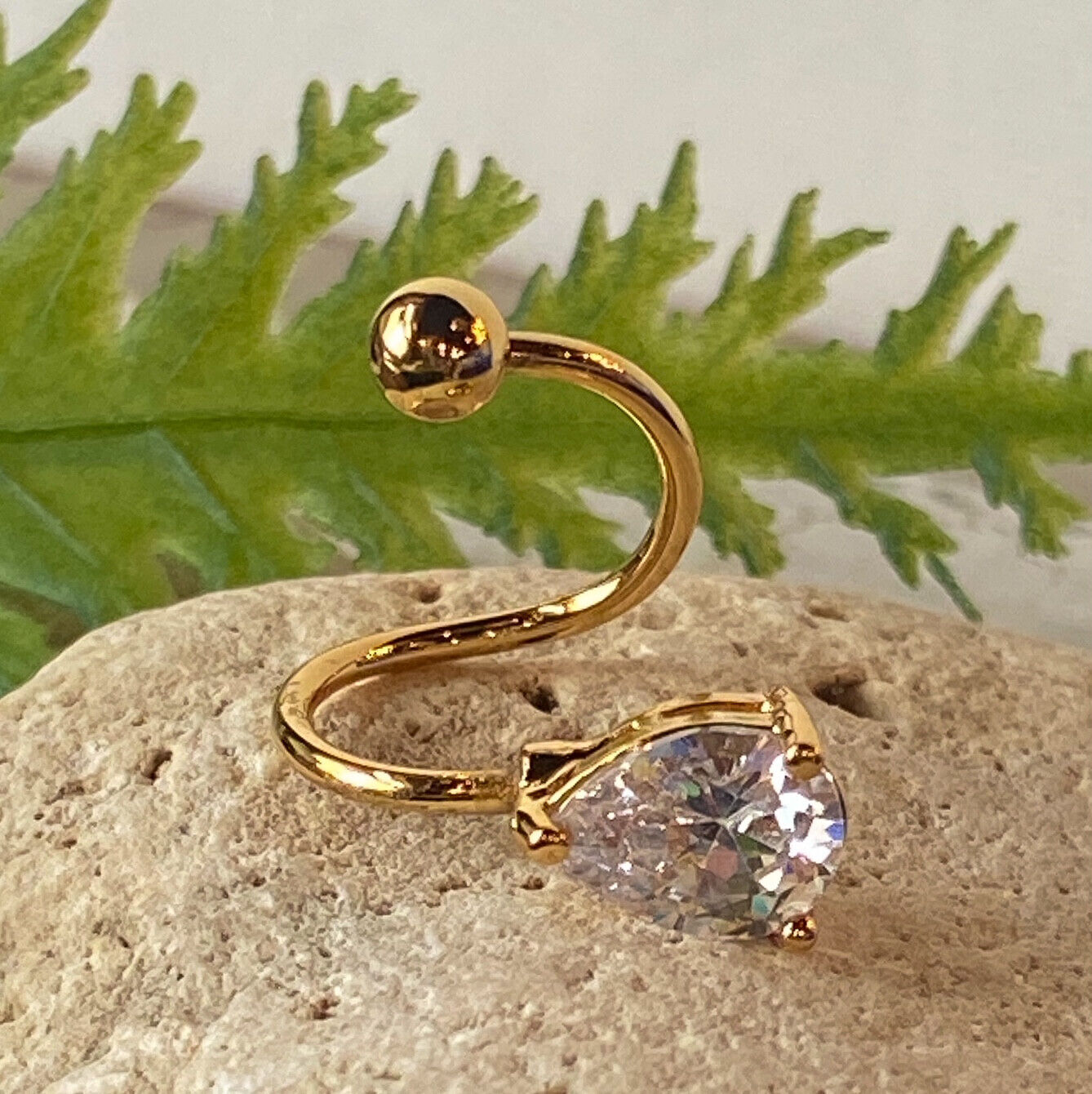 Gold Teardrop Twist Clear CZ Gem Belly Ring Navel Piercing Pierced Naval