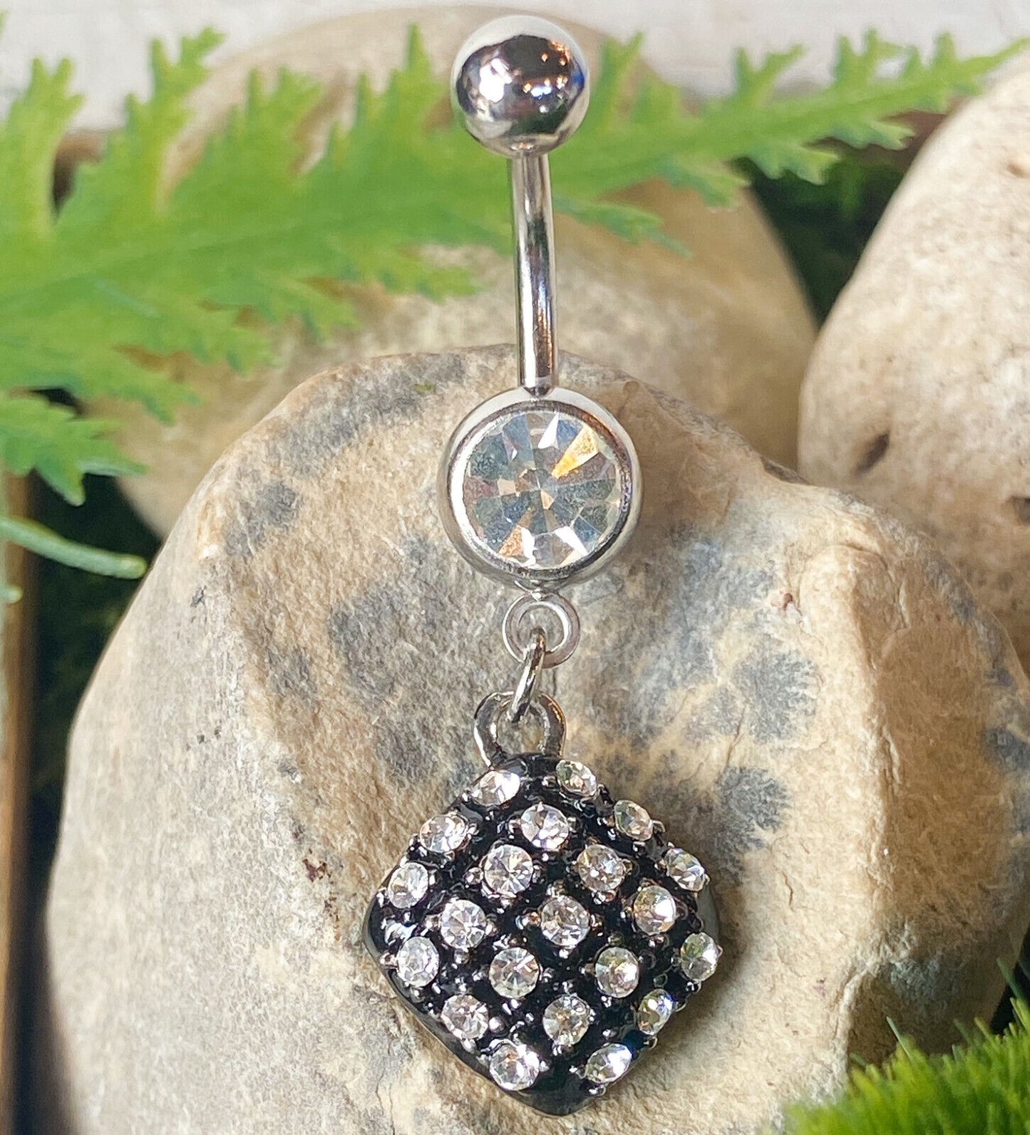 Square Black Clear Gem Belly Ring Navel Piercing Pierced Naval