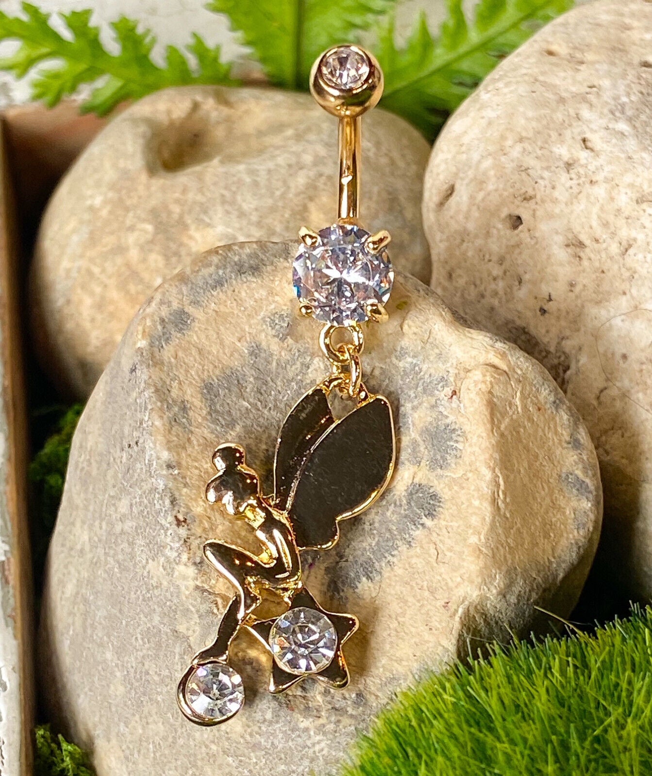 14kt Gold Plated Fairy Star CZ Gem Belly Ring Tinkerbell Pierced Navel Naval