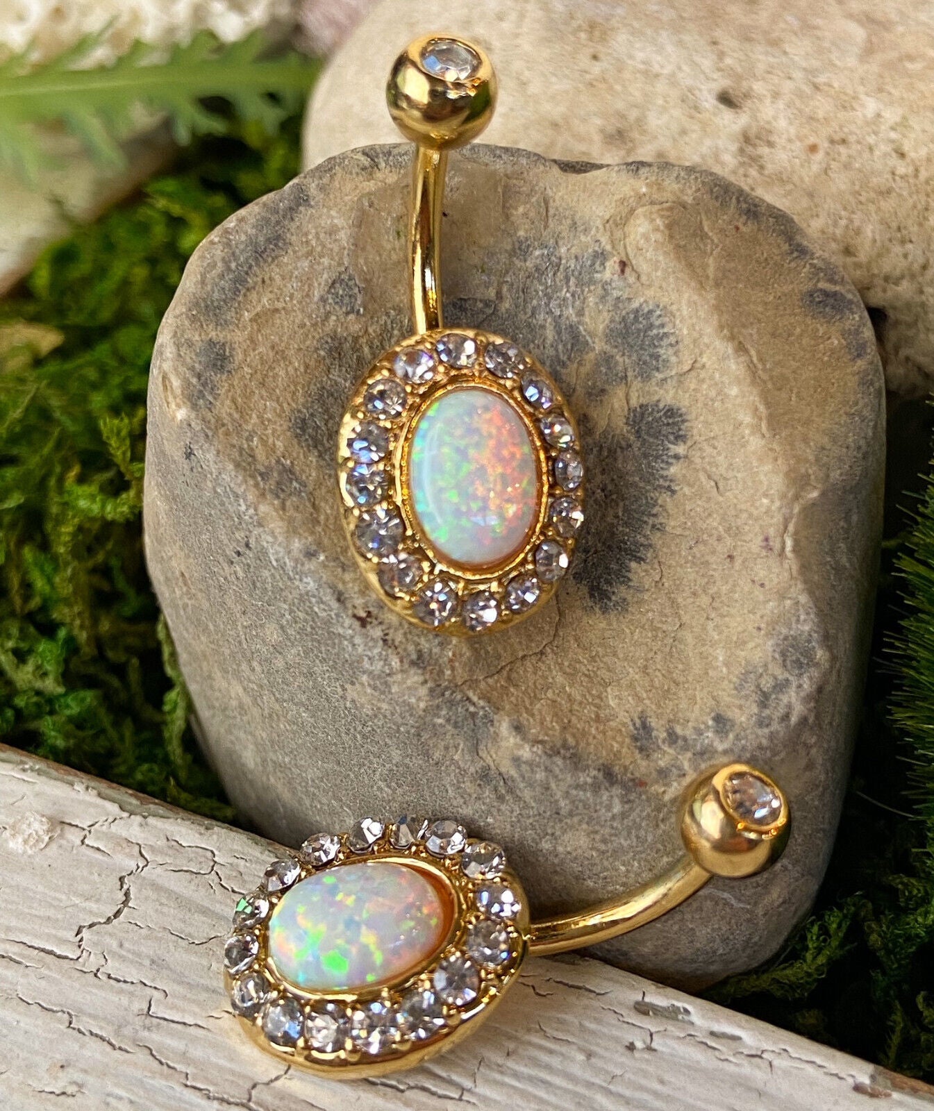 Opal Center Multi-Gem Paved Gold Plated Belly Ring Navel (w1301)